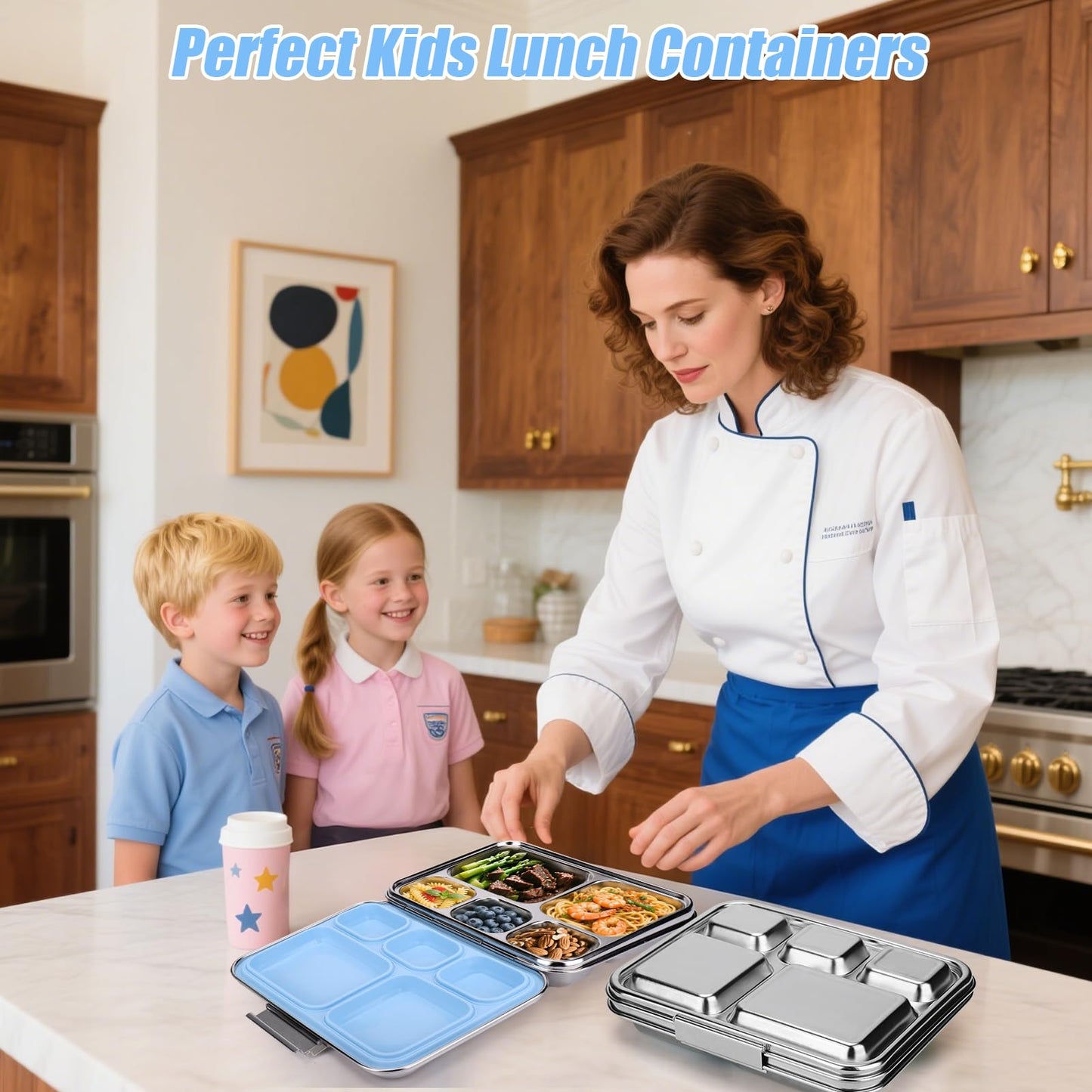 Palksky Lunch Bento Box Stainless Steel, Metal Bento Boxes for Kids Leak-Proof, 5 Compartments Lunchable Food Storage Containers with Lid for School, Office, Travel - Blue