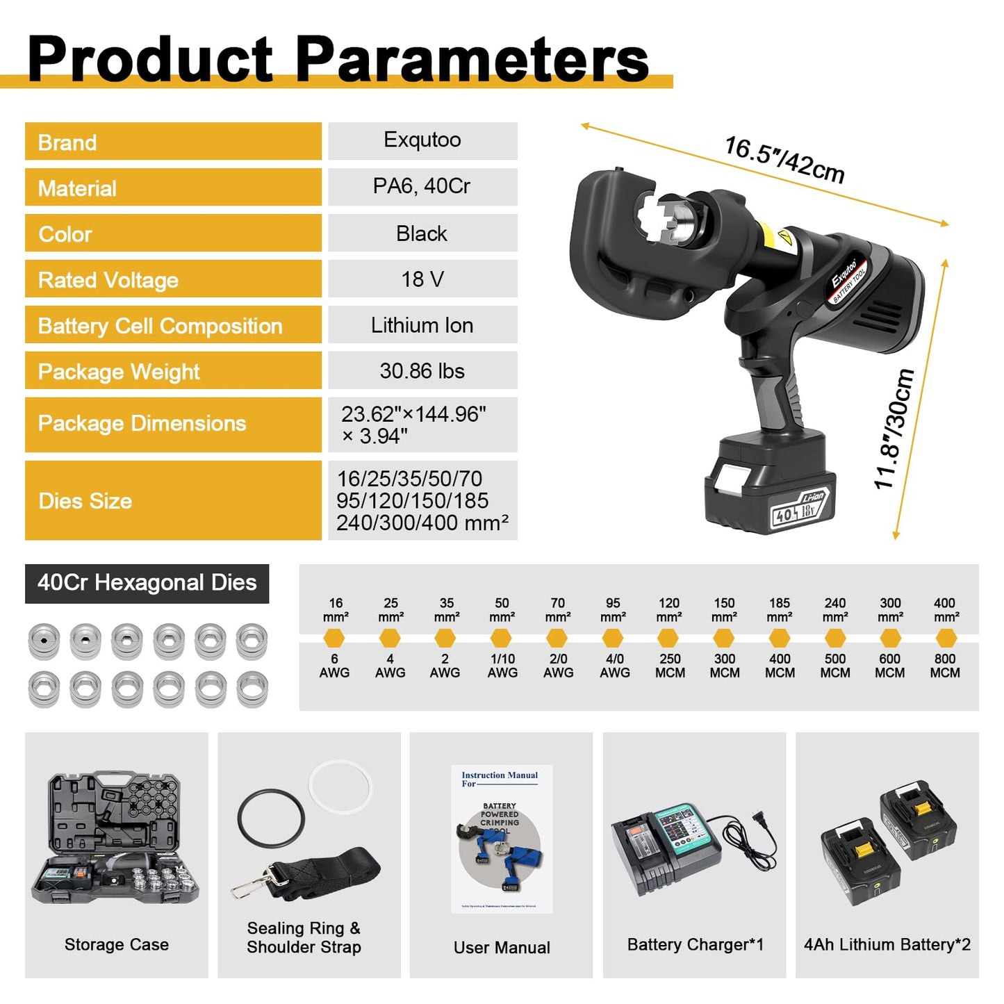 Exqutoo Electric Hydraulic Cable Lug Crimper Pliers, with 12 Size Hex Dies(16-400 mm²) & 2 4Ah Lithium-Ion Batteries & Battery Charger, 120kN, 12 Ton, Electrical Terminal Cable Wire Fiber Crimper Kit