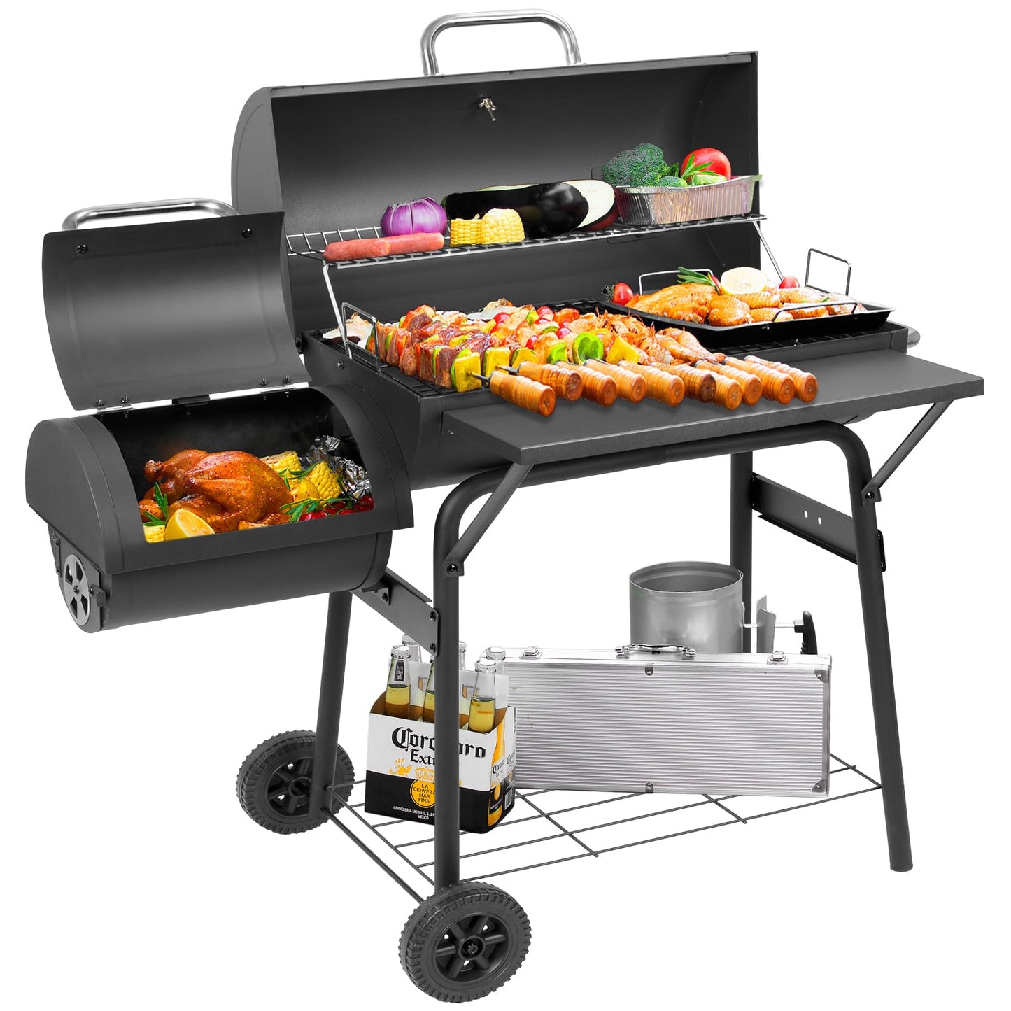 Kendane Barrel Charcoal Grill with offset smoker,550 Square Inches Cooking Area, Outdoor BBQ Grill with Front Shelf, Perfect for Backyard, Patio Parties and Picnics.