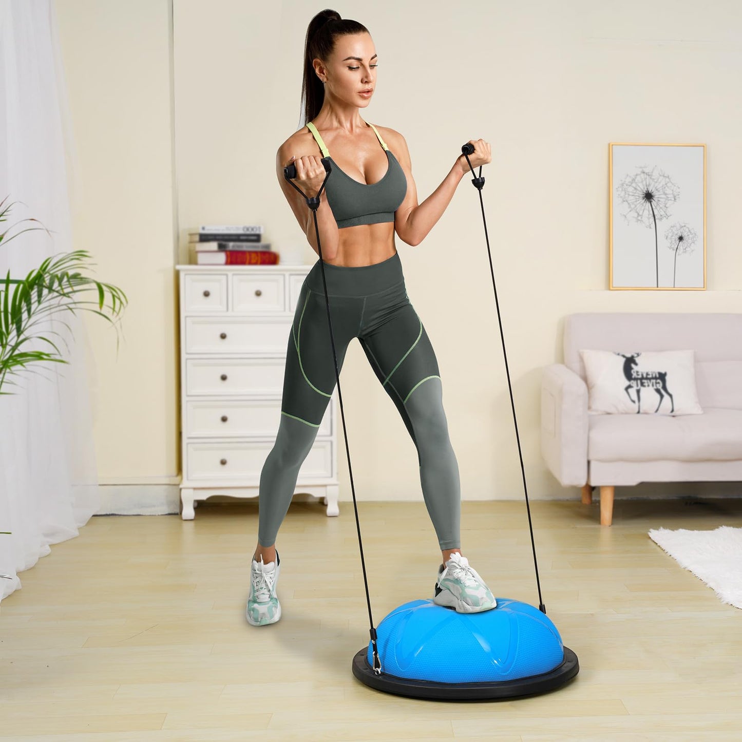 VEVOR 23-inch Half Exercise Ball Trainer, 660 lbs Capacity Balance Ball, Includes Resistance Bands and Pump, Ideal for Full Body Workouts, Yoga, and Strength Training at Home Gym, Blue2