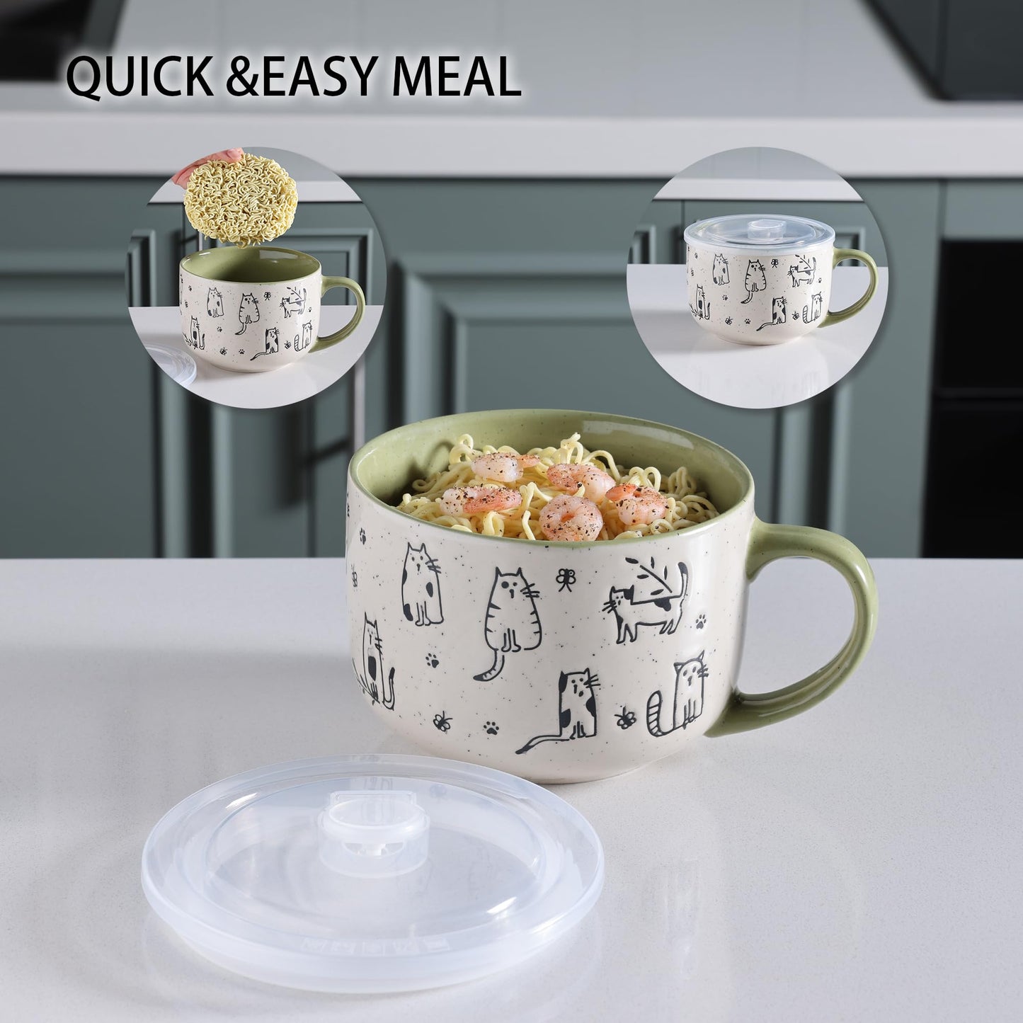 AmorArc 32 Ounces Ceramic Soup Mugs with Lids and Handle, Stoneware Bowls Cup Set of 2 for Soup, Stew, Noodle, Beautiful Mug Bowls With Lovely Dog,Cat Patterns, Microwave&Dishwasher Safe, Olive