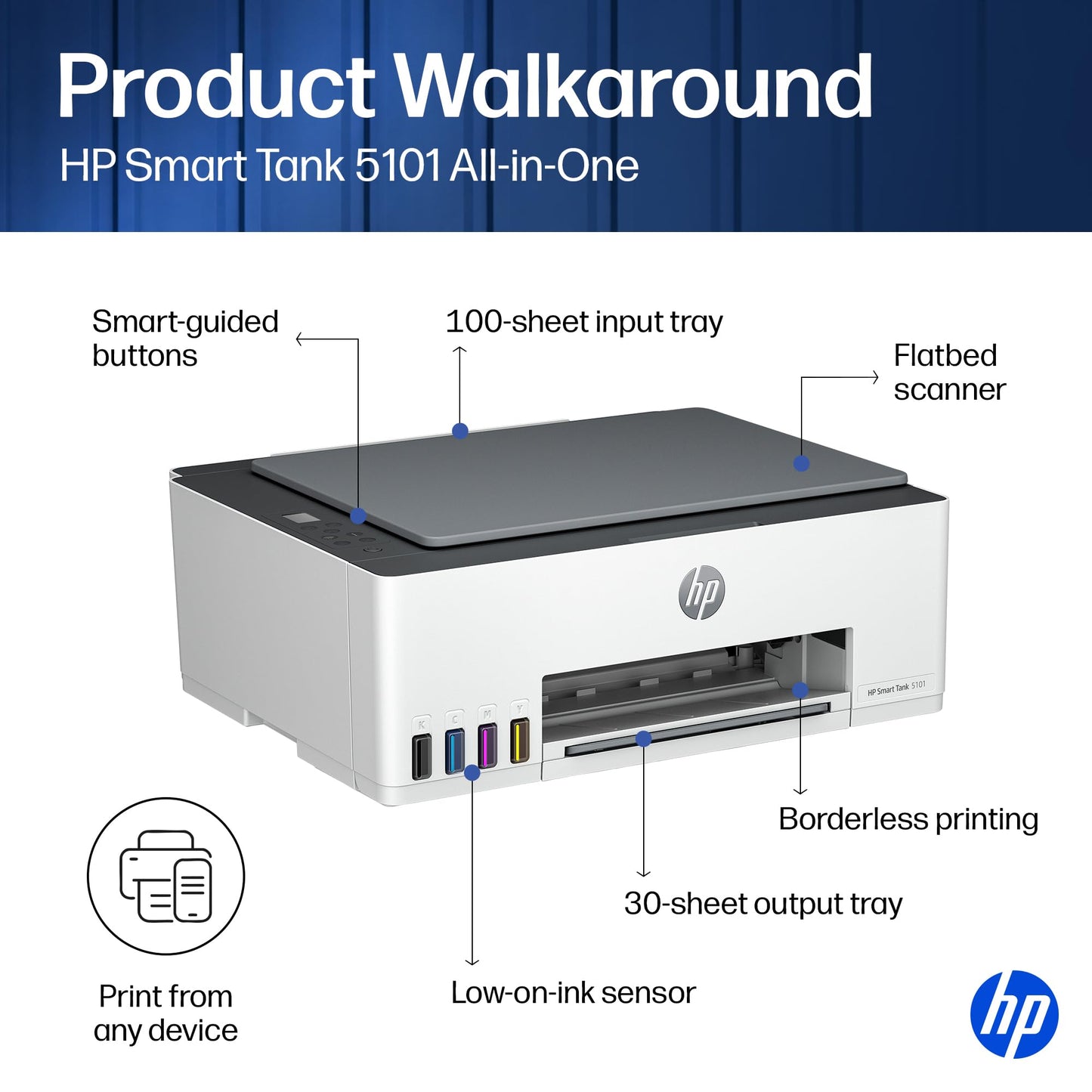 HP Smart Tank 5101 Wireless All-in-One Refillable Printer, Scanner, Copier with 2 years of Ink included, Wireless printer-for-home use. (1F3Y0A)