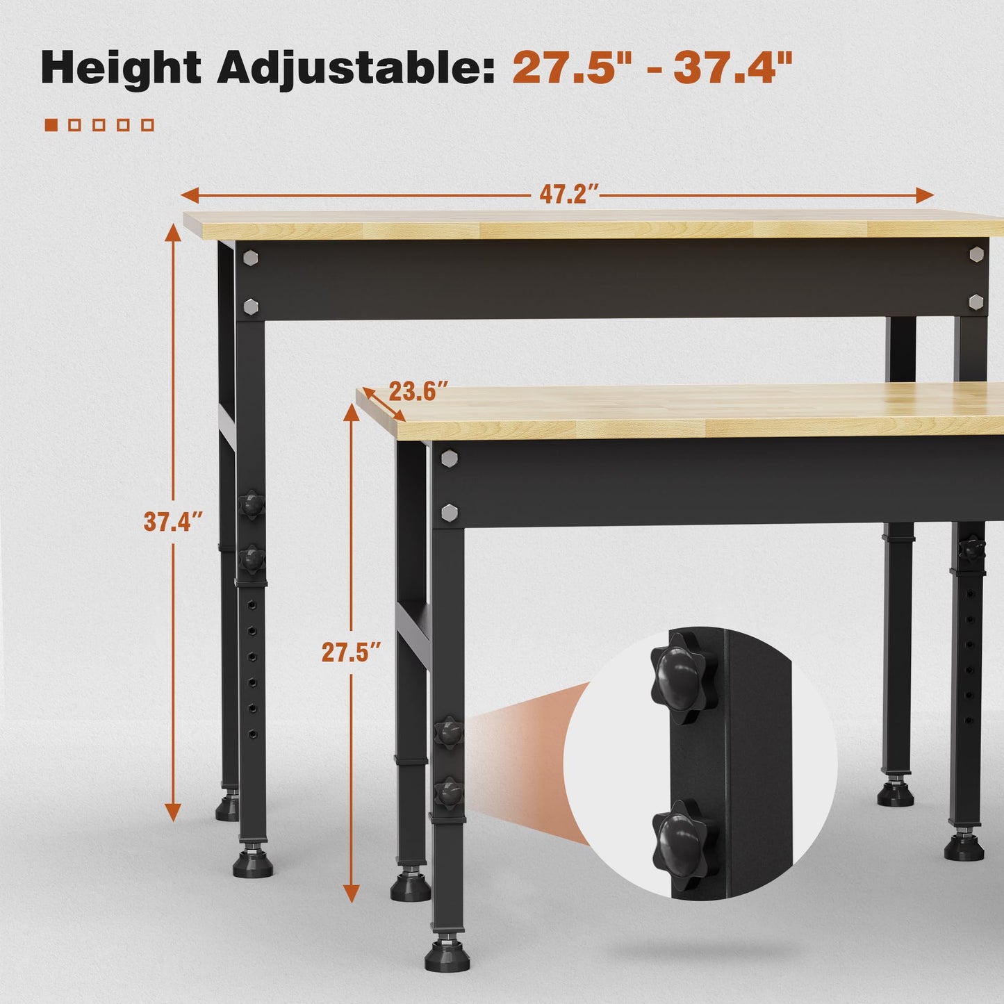 47" Height Adjustable Workbench, 2000 LBS Load Capacity Workstation Desk, Rubber Wood Top Workstation with Power Outlet, Heavy-Duty Hardwood Worktable for Workshop, Garage