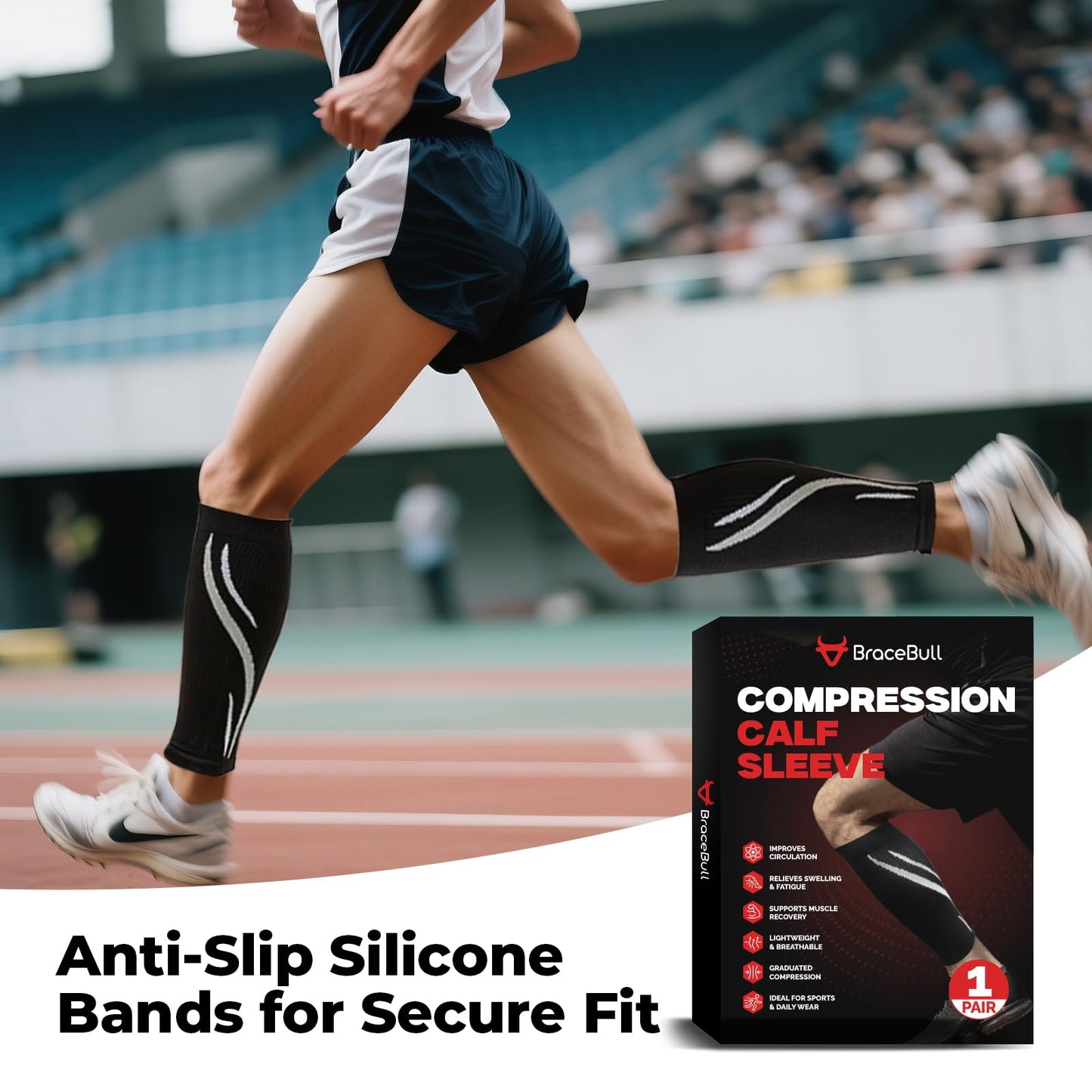BraceBull Calf Compression Sleeves for Men & Women (1 Pair), Footless Compression Socks for Leg Support, Shin Splints, Running, Fitness, Travel, Breathable Nylon & Spandex Calf Sleeves, Black, S/M