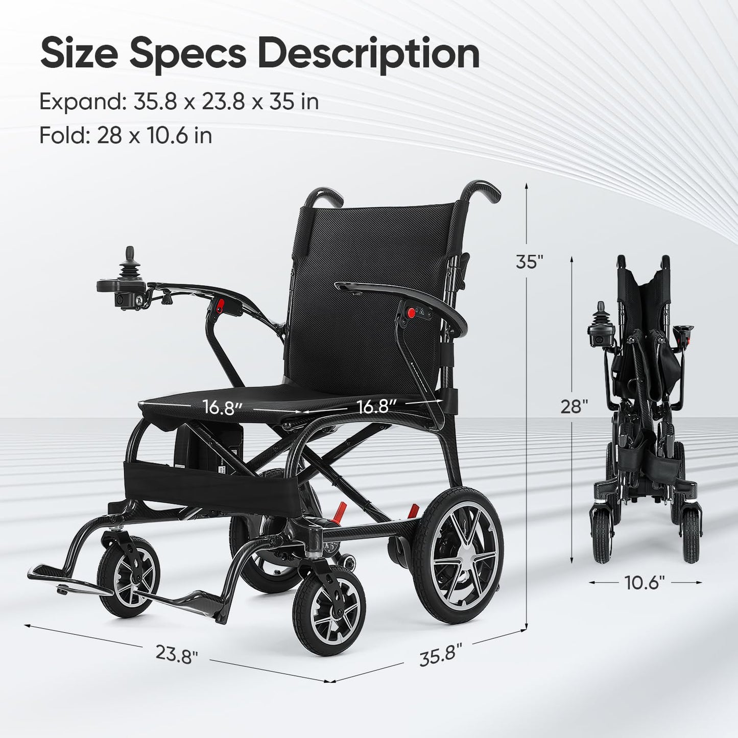 25.5lbs Carbon Fiber Electric Wheelchair for Adults, Lightweight Foldable Power Wheelchair with Dual Batteries, Portable Motorized Travel Wheelchairs, Airline Approved, Black