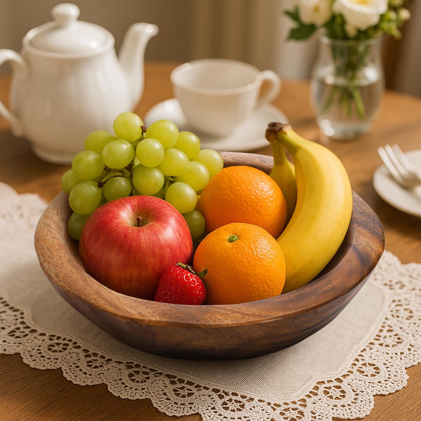 ZENFUN Wooden Decorative Bowl, Wood Round Serving Bowl, Walnut Tray Dish Kitchen Dining for Fruits, 9.4" Diameter x 2.5" Height, Seamless