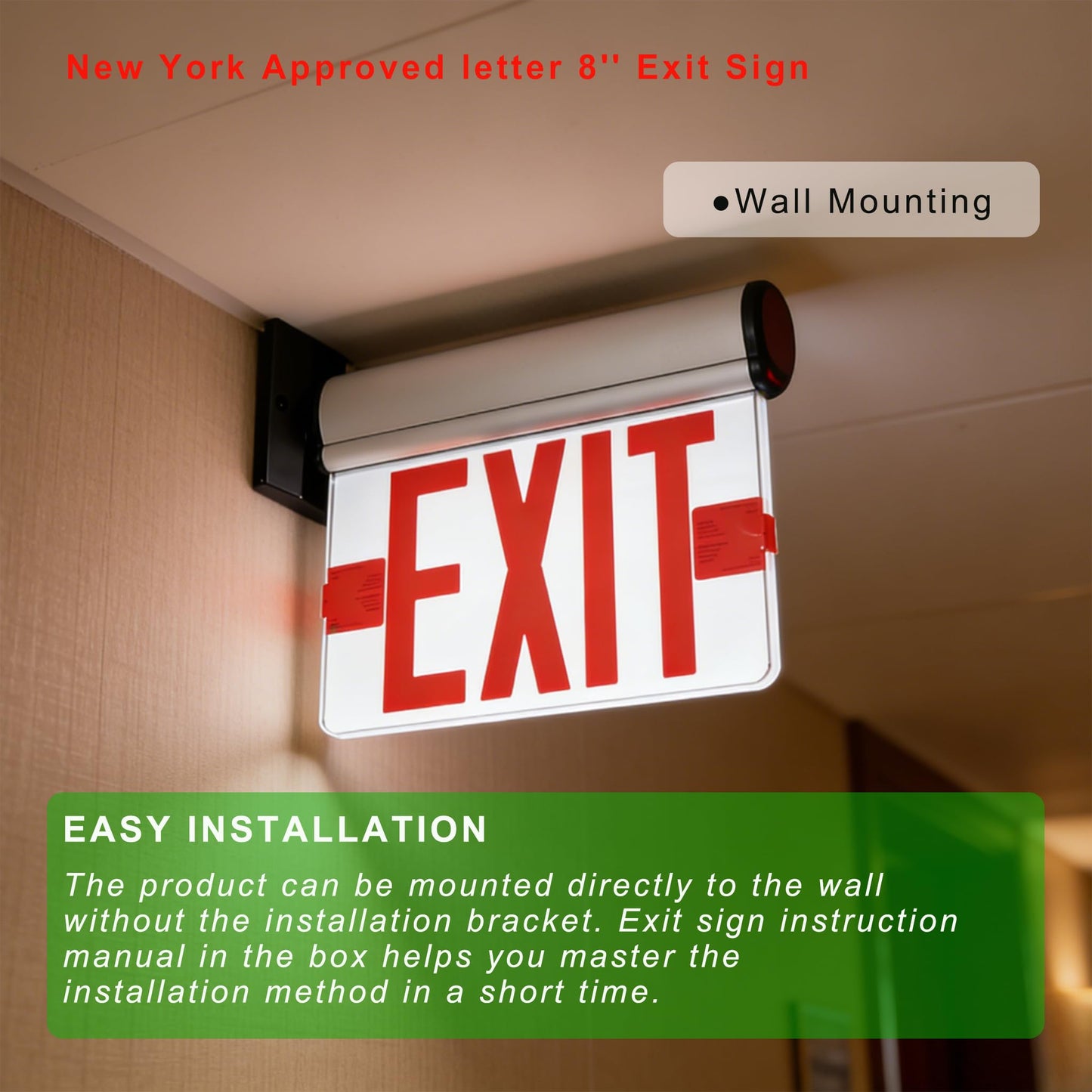 Garrini New York Approved Letter 8" Exit Sign Emergency Light Recessed Housing Single and Double Face Optional, Replaceable Acrylic Panel, UL Certified GRMSEL-200
