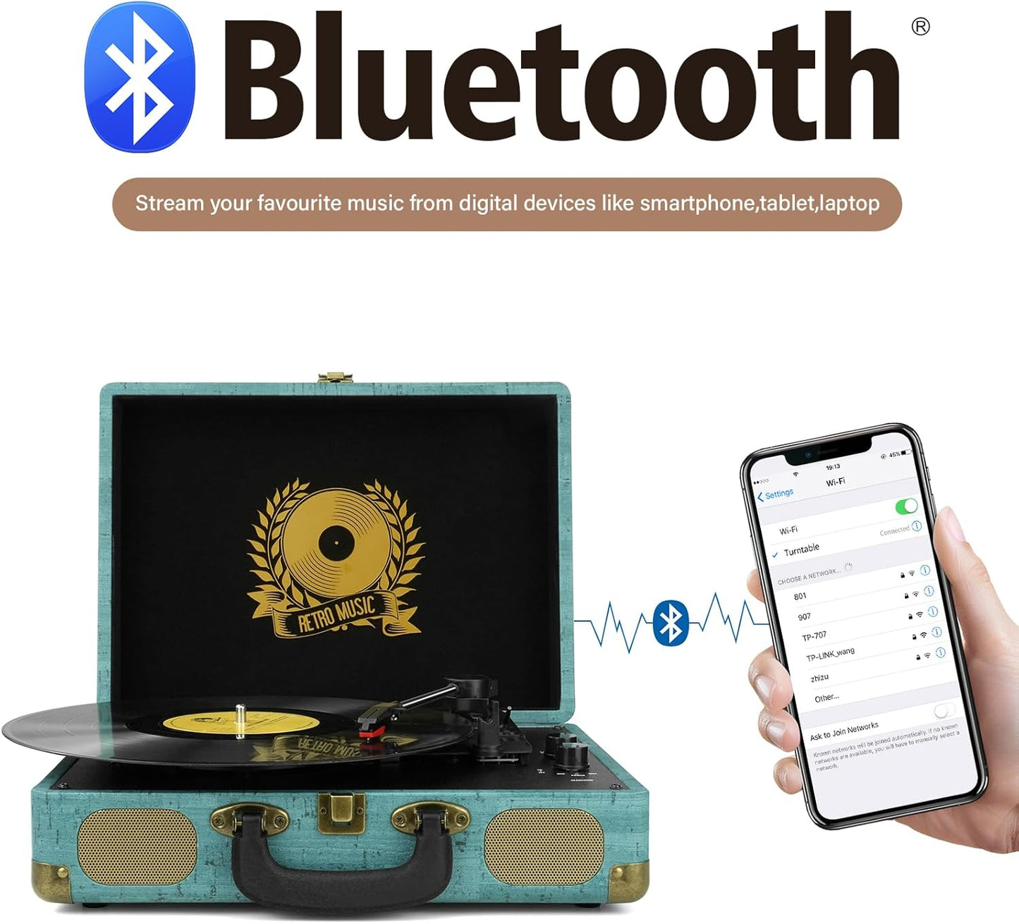 Mersoco 3-Speed 3.5mm MP3, Vinyl Record Player Bluetooth Suitcase Portable Belt-Driven, Supports Bluetooth, RCA Output