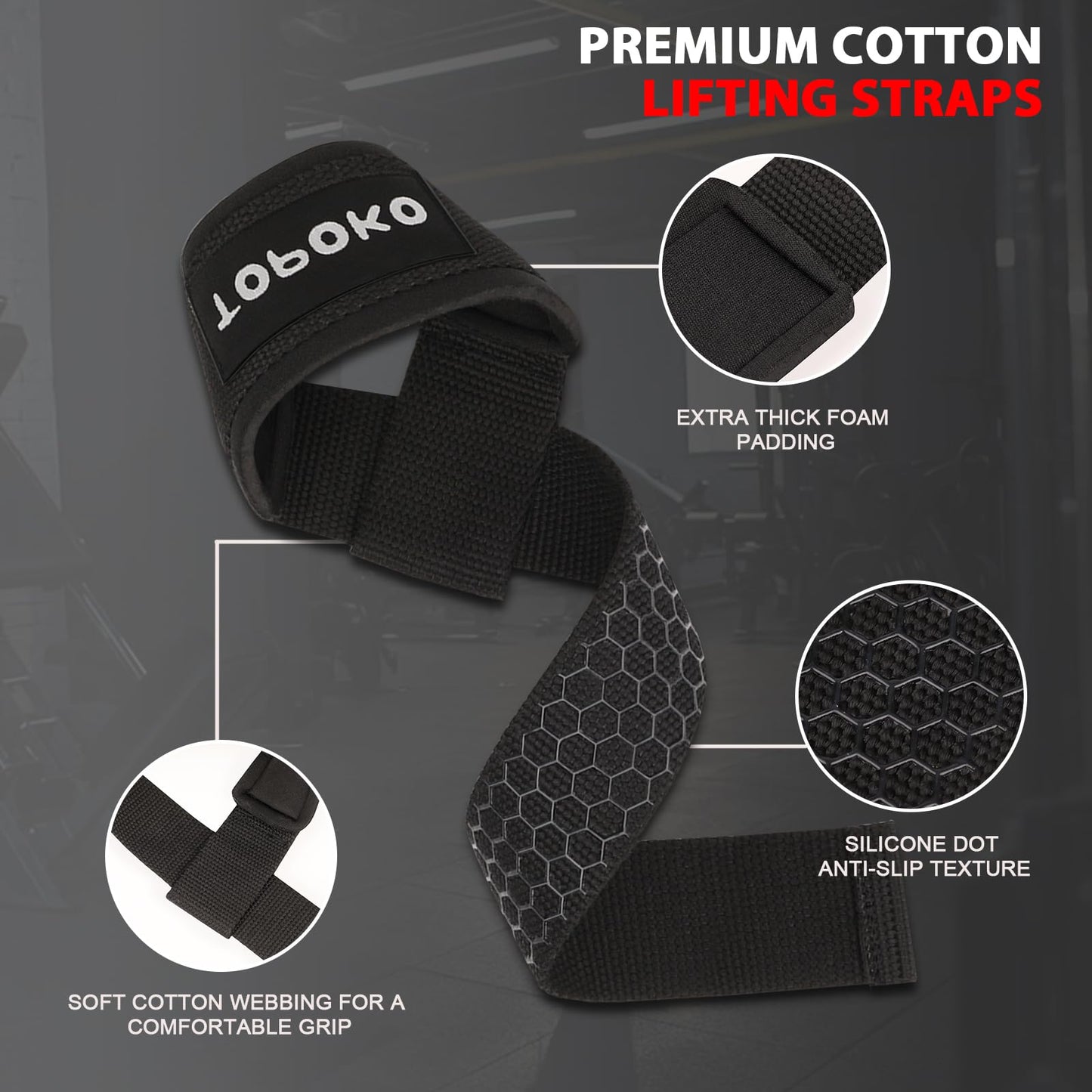TOPOKO Lifting Wrist Straps for Weightlifting, Deadlifts, Powerlifting & Strength Training – 21.2” Cotton Workout Straps with Neoprene Padding & Non-Slip Hex Grip – Gym Straps for Men & Women
