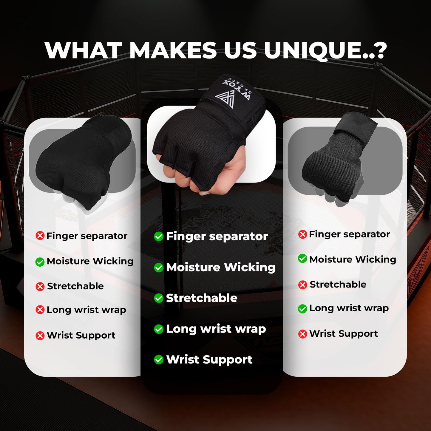 WYOX Gel Boxing Hand Wraps Inner Gloves for Men & Women – 80cm Quick Wrist Strap, Padded Knuckle Support, Fingerless MMA Muay Thai Kickboxing Wraps for Training, Punching & Martial Arts