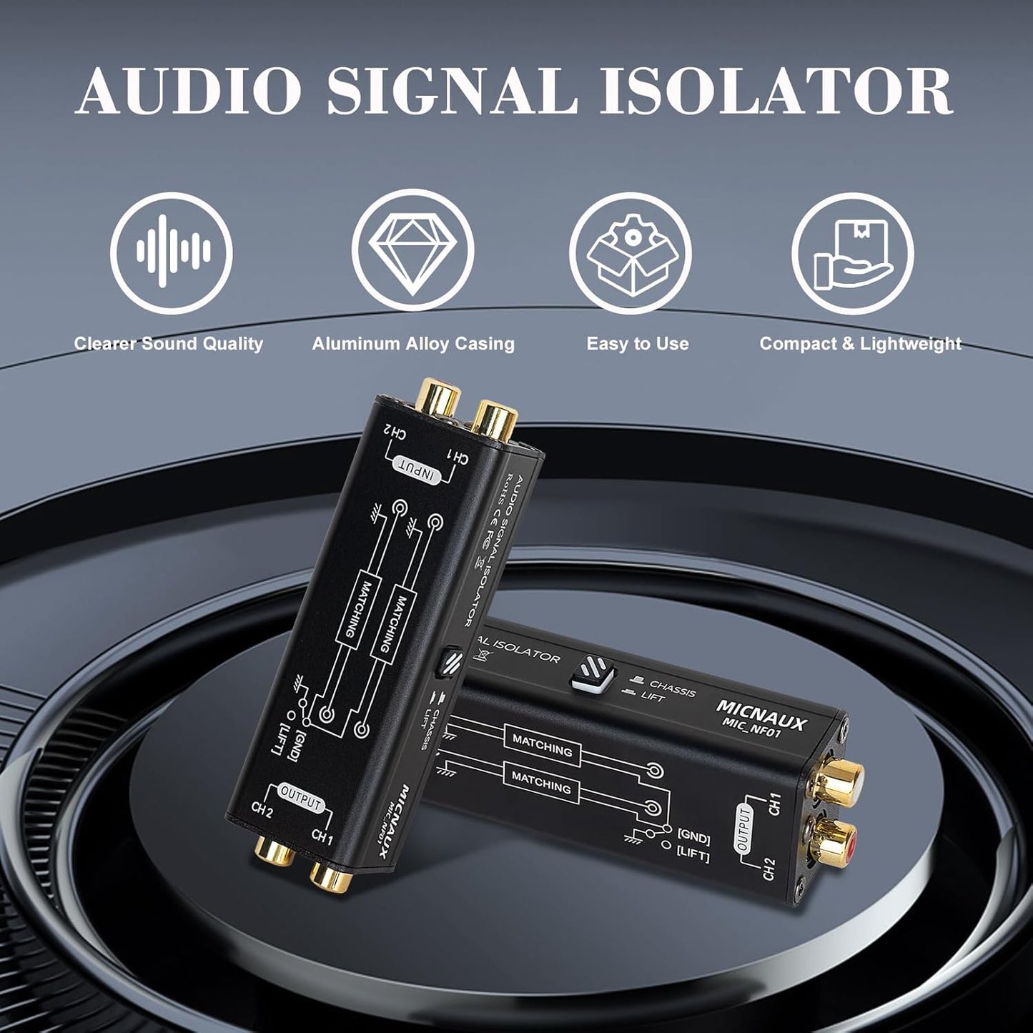 Audio Hum Eliminator Ground Loop Noise Isolator (No Affects Bass), Dual Channel Gold Coating Aluminum Shell Noise