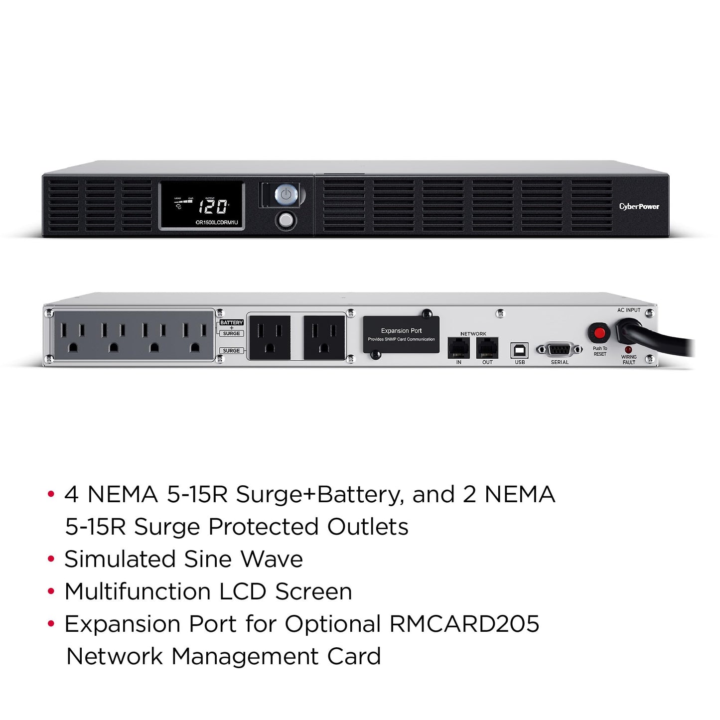 CyberPower OR1500LCDRM1U Smart App LCD UPS Battery Backup and Surge Protector, 1500VA/900W, 6 Outlets, AVR, 1U Rackmount, UL Certified