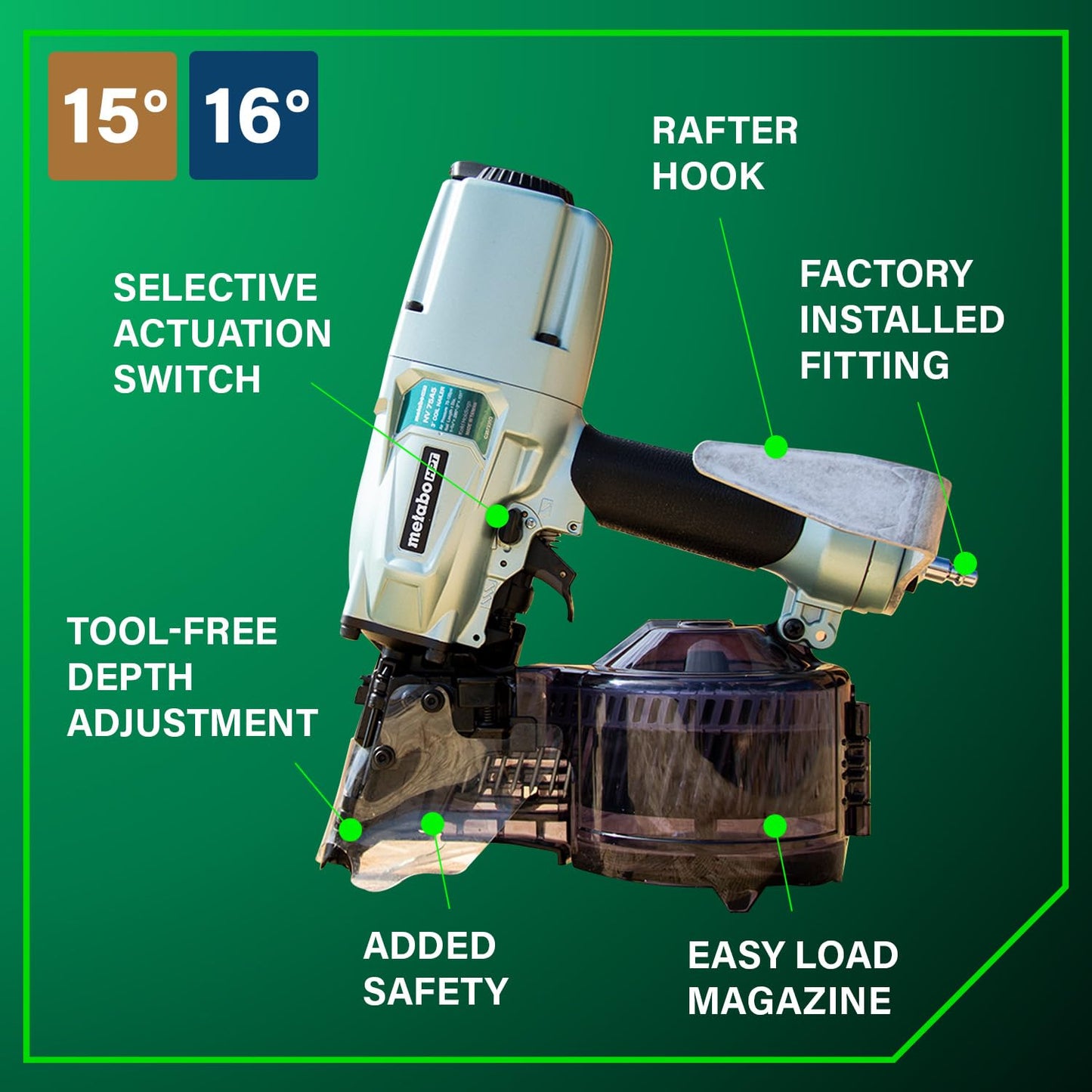 Metabo HPT Siding/Light Framing Coil Nailer, Pro-Preferred Pneumatic Power Nailers for Versatile Siding and Framing Tasks, Tool For 16° Wire 1-3/4"-3" and 15° Plastic to 1-3/4" - 2/14" Nails, NV75A5