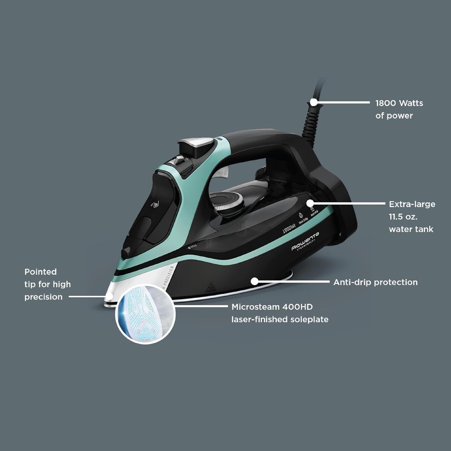 Rowenta Steam Force Iron - Stainless Steel Soleplate, 1800 Watts, Anti-Drip, 400 Microsteam Holes, Precision Tip