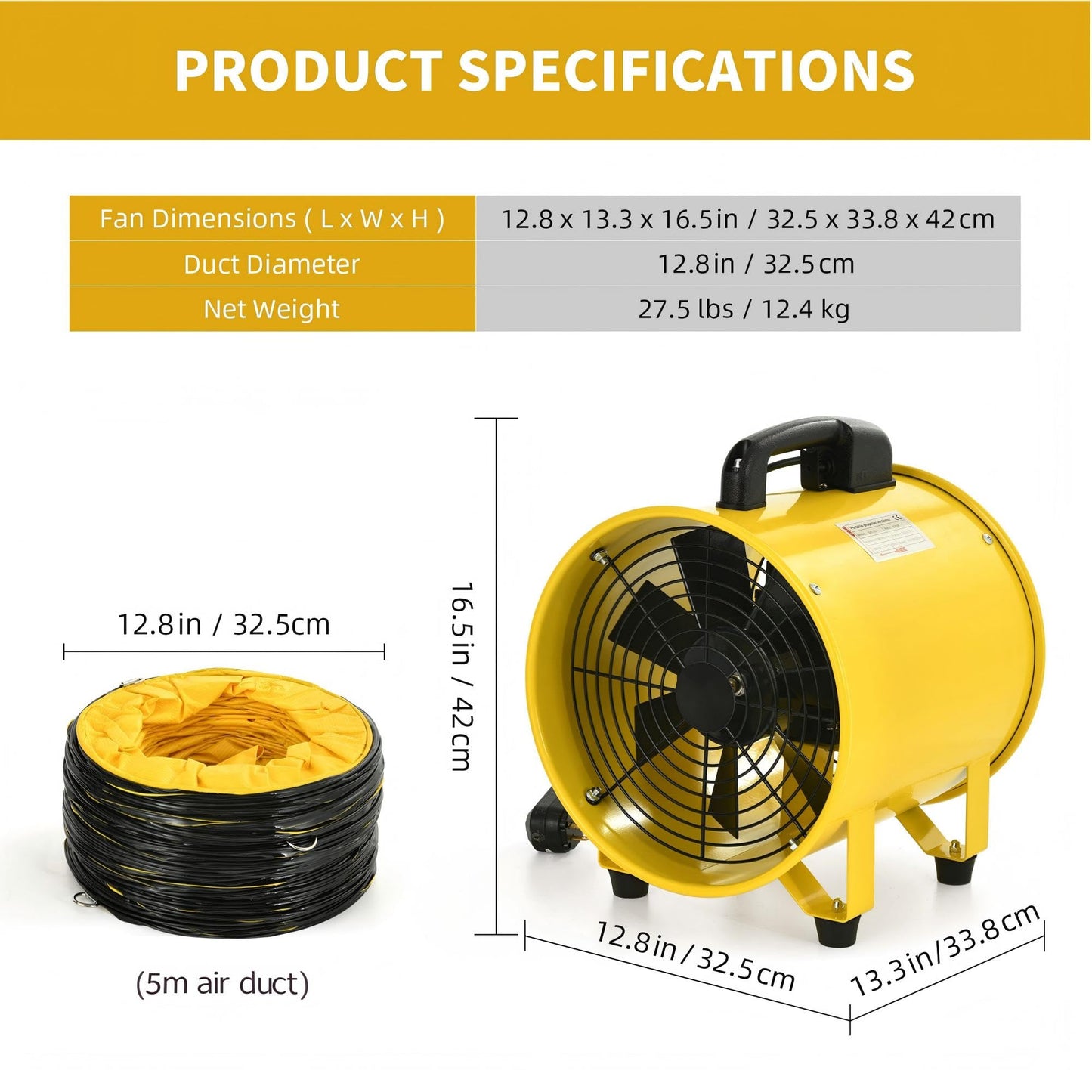 DWVO 12 Inch Utility Blower Fan, Two Speed Portable Extractor with GFCI Plug and Auto Shut-Off, Ventilation Fan with 16FT Flexible Duct for Paint Booths and Warehouses