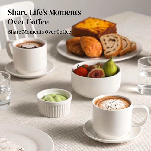 DOWAN 12oz Coffee Mugs - White Ceramic Cappuccino Cup & Saucer Set of 4 | Microwave Safe for Home & Office