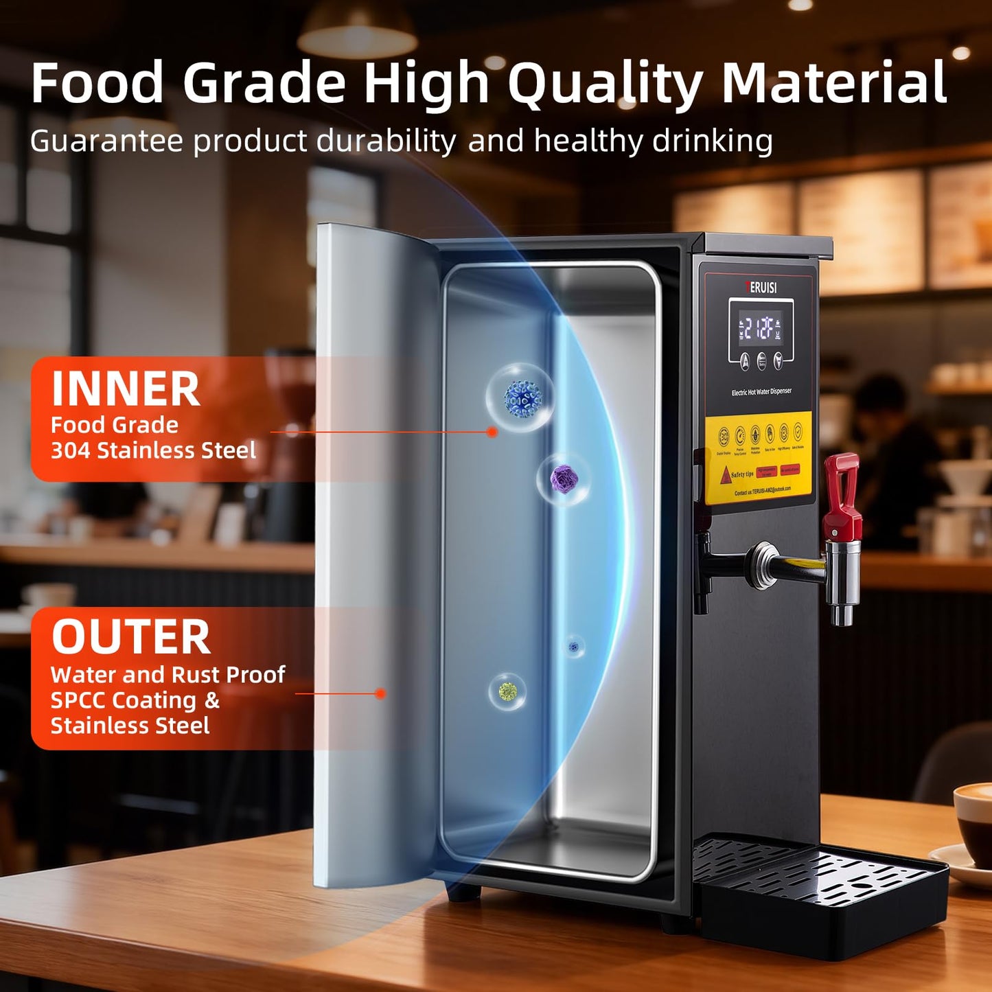 TERUISI Commercial Hot Water Dispenser, 1600W Electric Water Boiler Countertop, 30L(8Gal)/H Step-Heating Stainless Steel Water Dispenser with 86°F-212°F Temperature Control for Office Bars Hotel, 8L