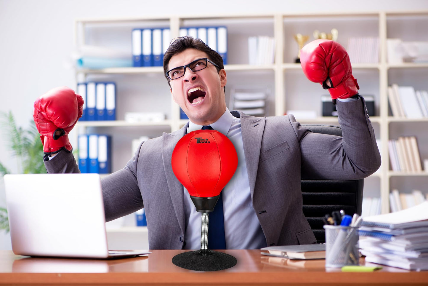 Tech Tools Stress Buster Desktop Punching Bag - Suctions to Your Desk, Heavy Duty Stress Relief Ball, Funny Office Gifts for Boss or Coworker Men and Women
