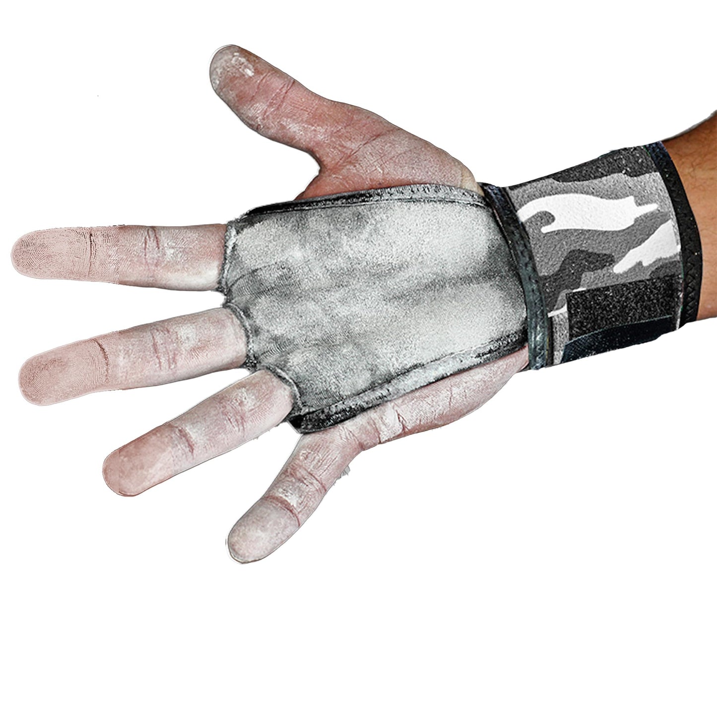 JerkFit WODies 3 Hole Gymnastics Grips with Wrist Support - Hand Grips, Latex Free Elastic Crossfit Grips for Weightlifting, Cross Training - Palm Protection Pull Up Grips (Grey Camo, S)