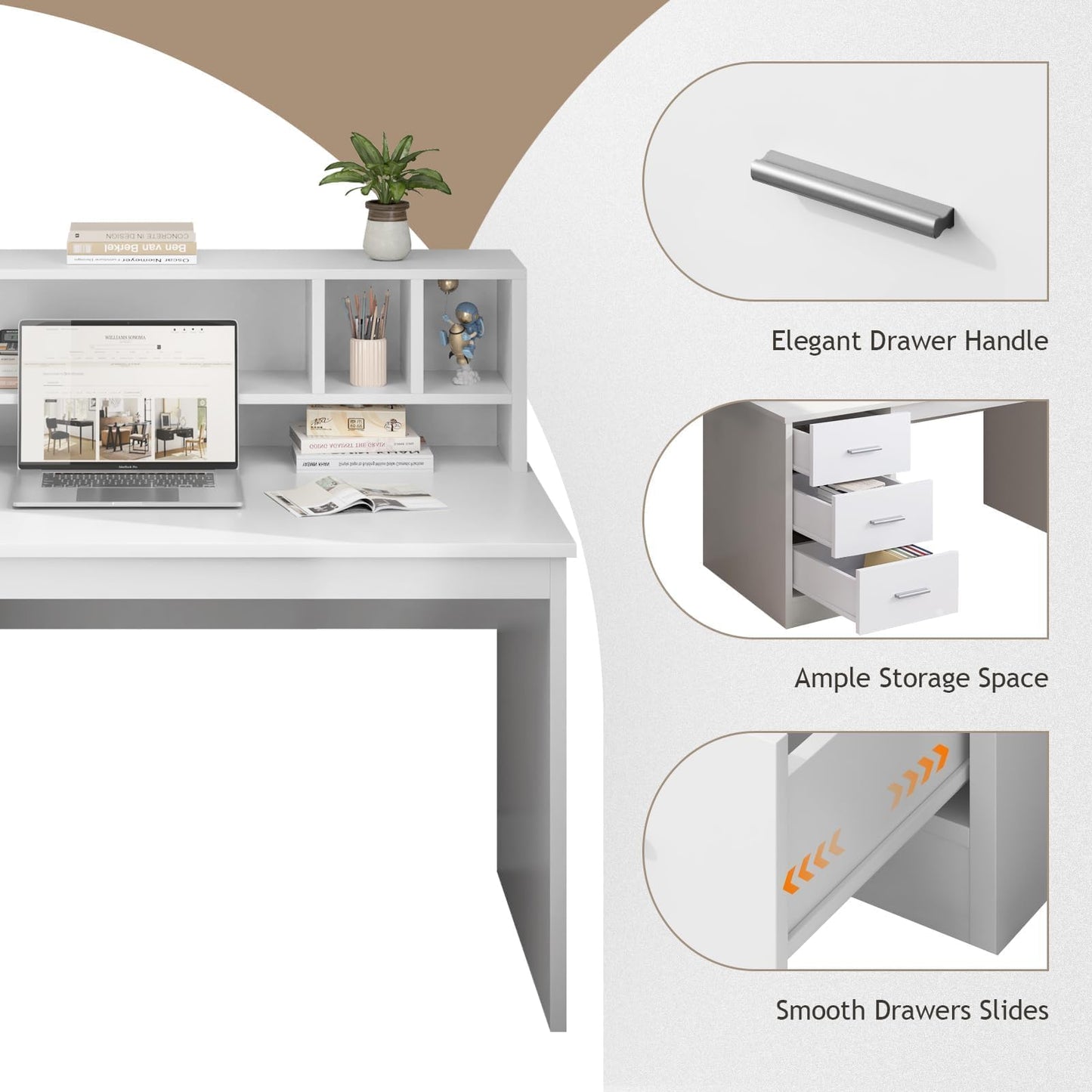 MaverickFurni White Desk with Drawers, 46" Home Office Desk with Hutch and Storage, Small Desk with 3 Drawers for Bedroom, White