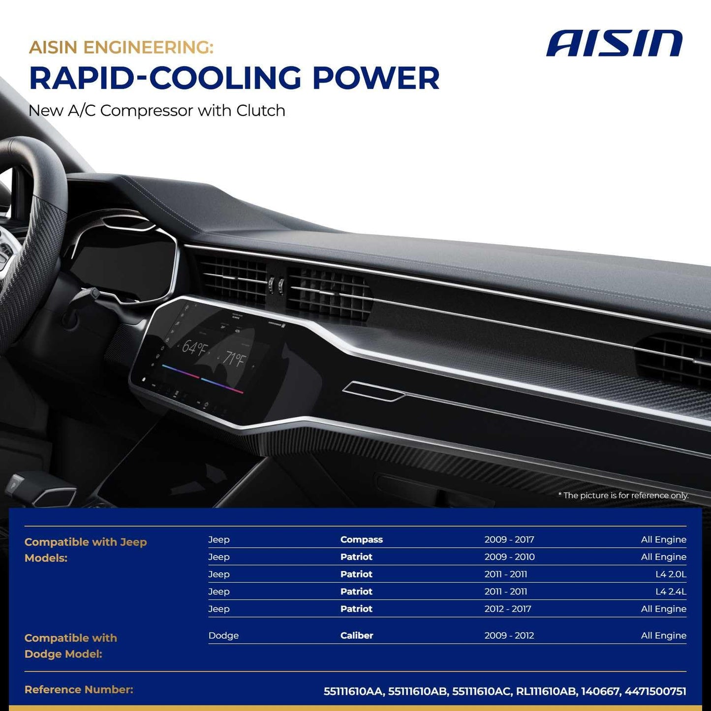 AISIN AFTERMARKET ACCCH-00769 Air Conditioner AC Compressor - Compatible with Jeep Compass 2009-2017, Patriot 2009-2017, Dodge Caliber 2009-2012 - with 6-Pulley Groove, with Clutch