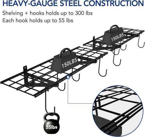 FLEXIMOUNTS Garage Wall Shelving - 2-Pack 1x3 Ft | Includes 8 Bike Hooks & 300 Lbs Capacity