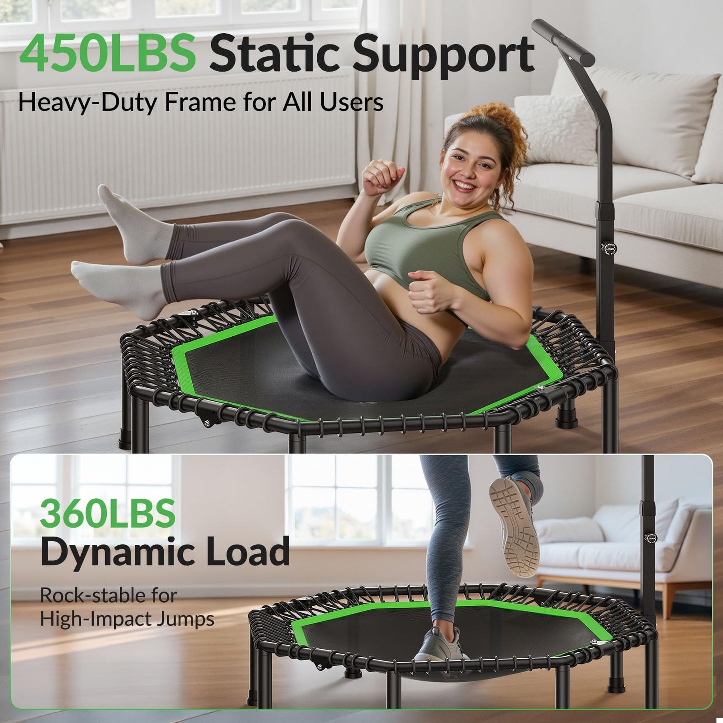 BCAN BT3 51" Octagonal Rebounder Trampoline for Adults, 450LBS Max Load Fitness Trampoline with Large Jumping Area, Silent Bungee Mini Trampoline with T-Adjustable Handle for Home Gym-Green
