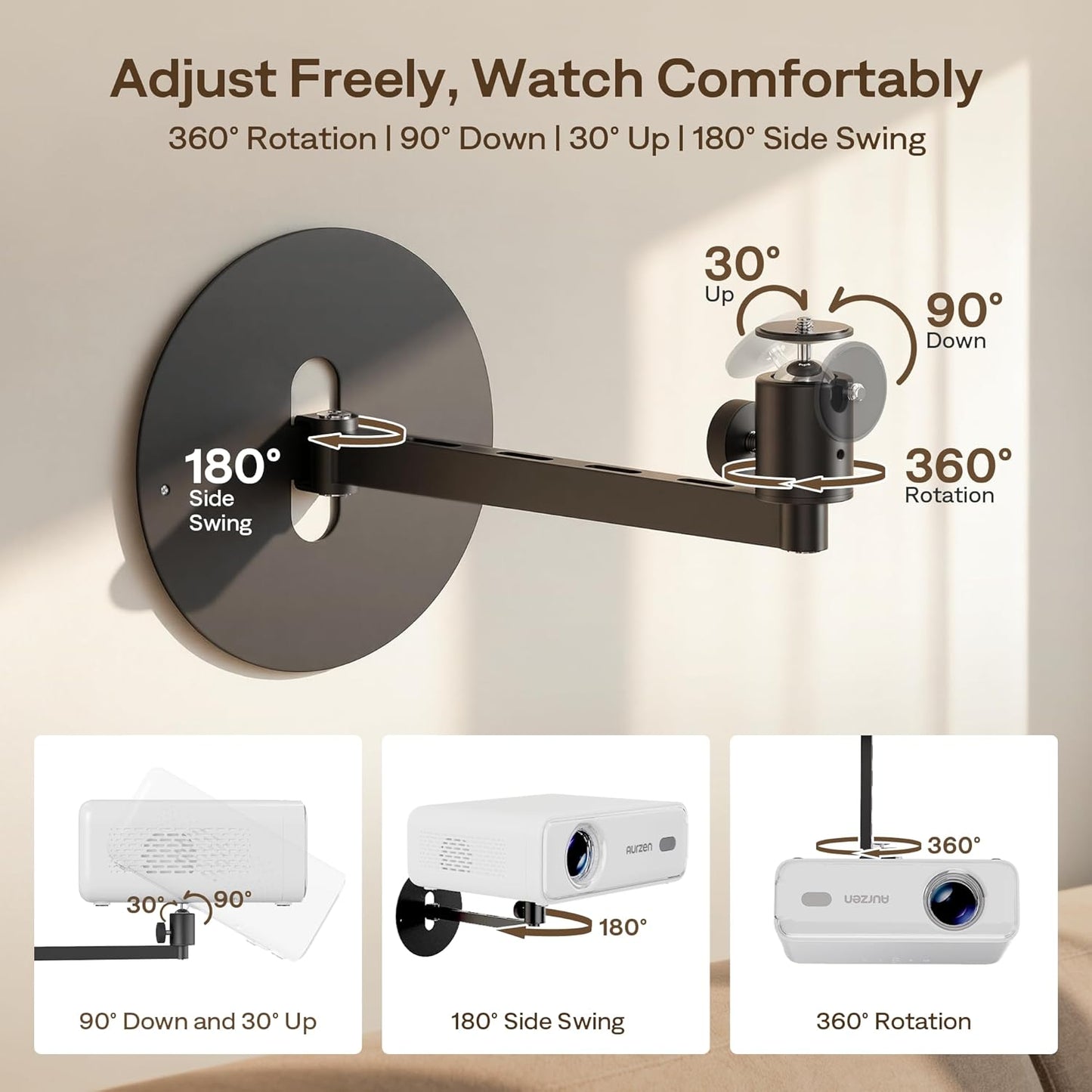 Aurzen 360 90 4.4 lbs, Projector Wall Mount Shelf, Wall Use with Adjustable Angle, Rotation and Tilt, Foldable