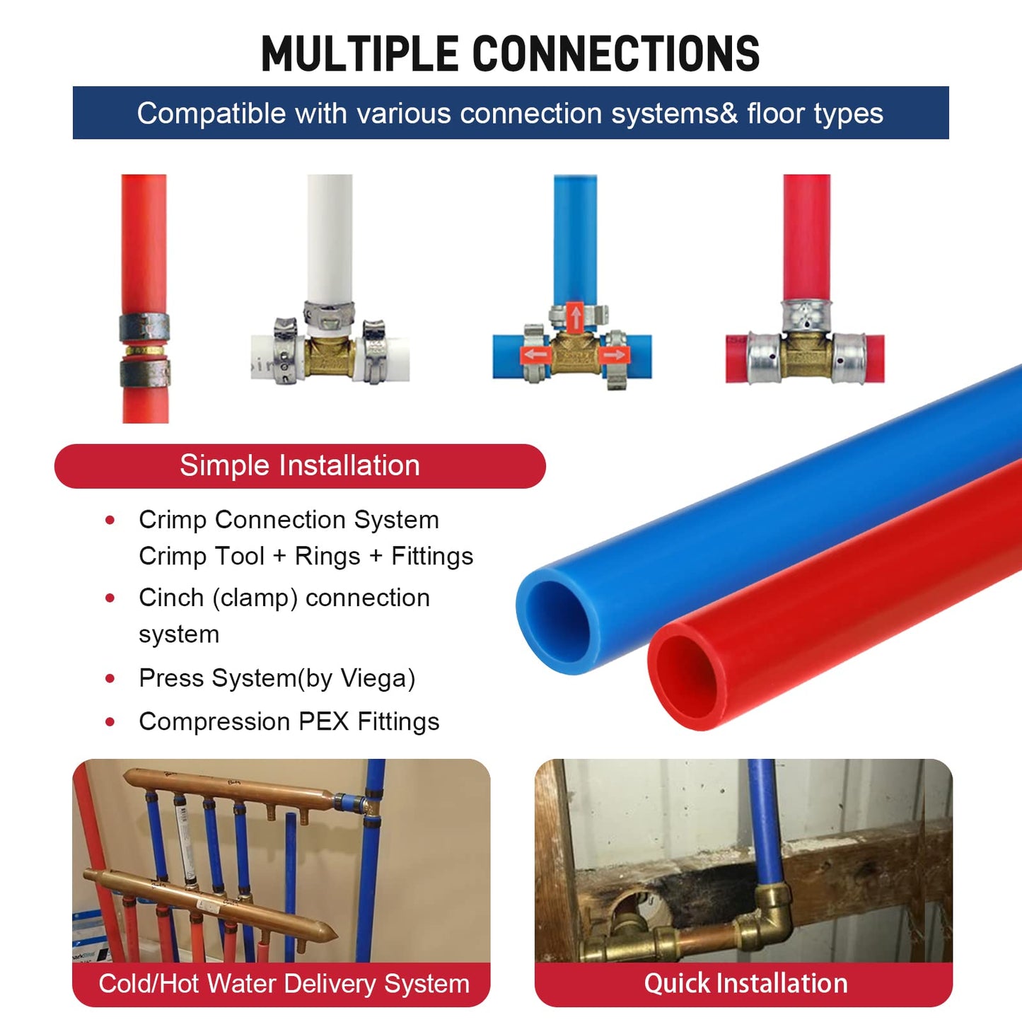 PEX Pipe 1/2 Inch 300ft 2 Rolls PEX Tubing EVOH pex-B pipe Non Oxygen Barrier Durable Leakage-Proof Flexible for Residential Water Lines in Homes Pex Radiant Heat Tubing(Red+Blue)