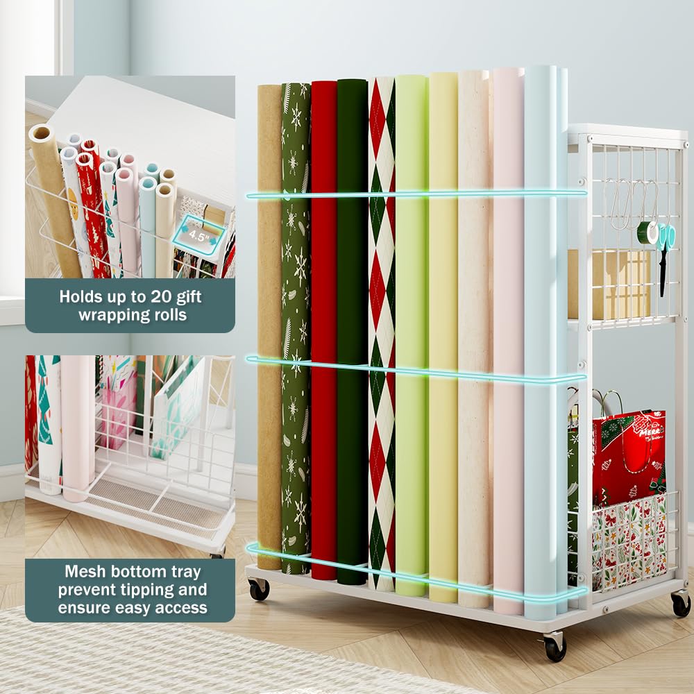 LUCKUP Rolling Wrapping Paper Organizer Cart – Gift Wrap Storage with Wheels, 20 Roll Holders, 3 Drawers & Ribbon Dispenser, Craft Organizer for Christmas, Birthdays, White