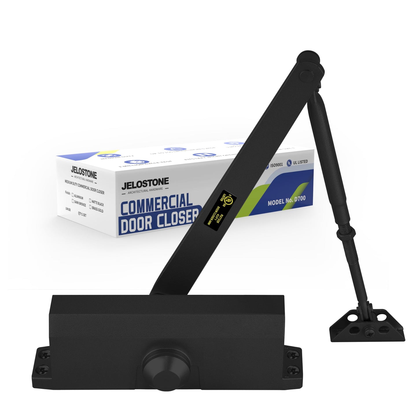 JELOSTONE Medium Duty Commercial Door Closer D700, 3 Valves Closing/Latching/Backcheck, UL 3 Hour Fire Rated, Fixed Size #3 Spring Power, Door (55-150LB/33-36 in), Indoor/Outdoor (Matte Black)