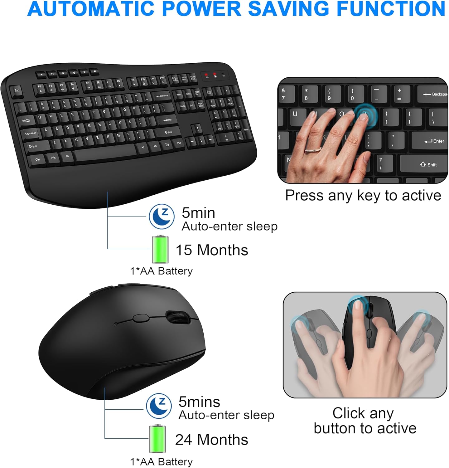EDJO 2.4G 3 Wireless Keyboard and Mouse Combo, Full Size Ergonomic Keyboard with Palm Rest, Comfortable Natural Typing
