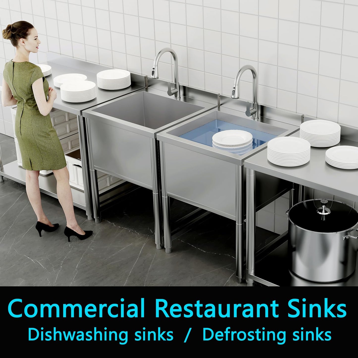 Stainless Steel Commercial Restaurant Sink, Freestanding Large Commercial Sink with Pull-out Faucet for Kitchen Dishwashing, Thawing, Pet Cleaning, Laundry Room, 23.6"D x 21.6"W x 36.8"H
