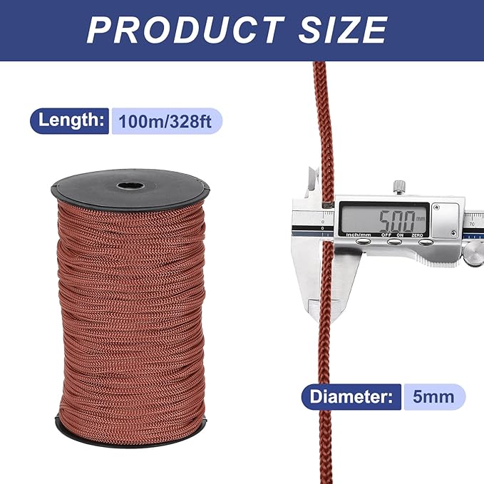 MECCANIXITY 3/16 Inch Polypropylene Rope Braided Ropes, 328ft Nylon Rope Hollow Utility Cord for Clothesline, Camping, Hiking, Outdoor, Dark Coffee