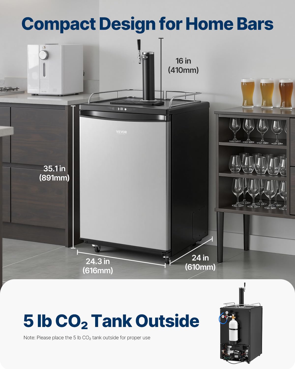 VEVOR Beer Kegerator, Single Tap Commercial Draft Beer Dispenser for D system, Full Size Keg Refrigerator with 5lbs CO2 Tank, Hold 2 Sixth / 3 Ball lock keg, Silver