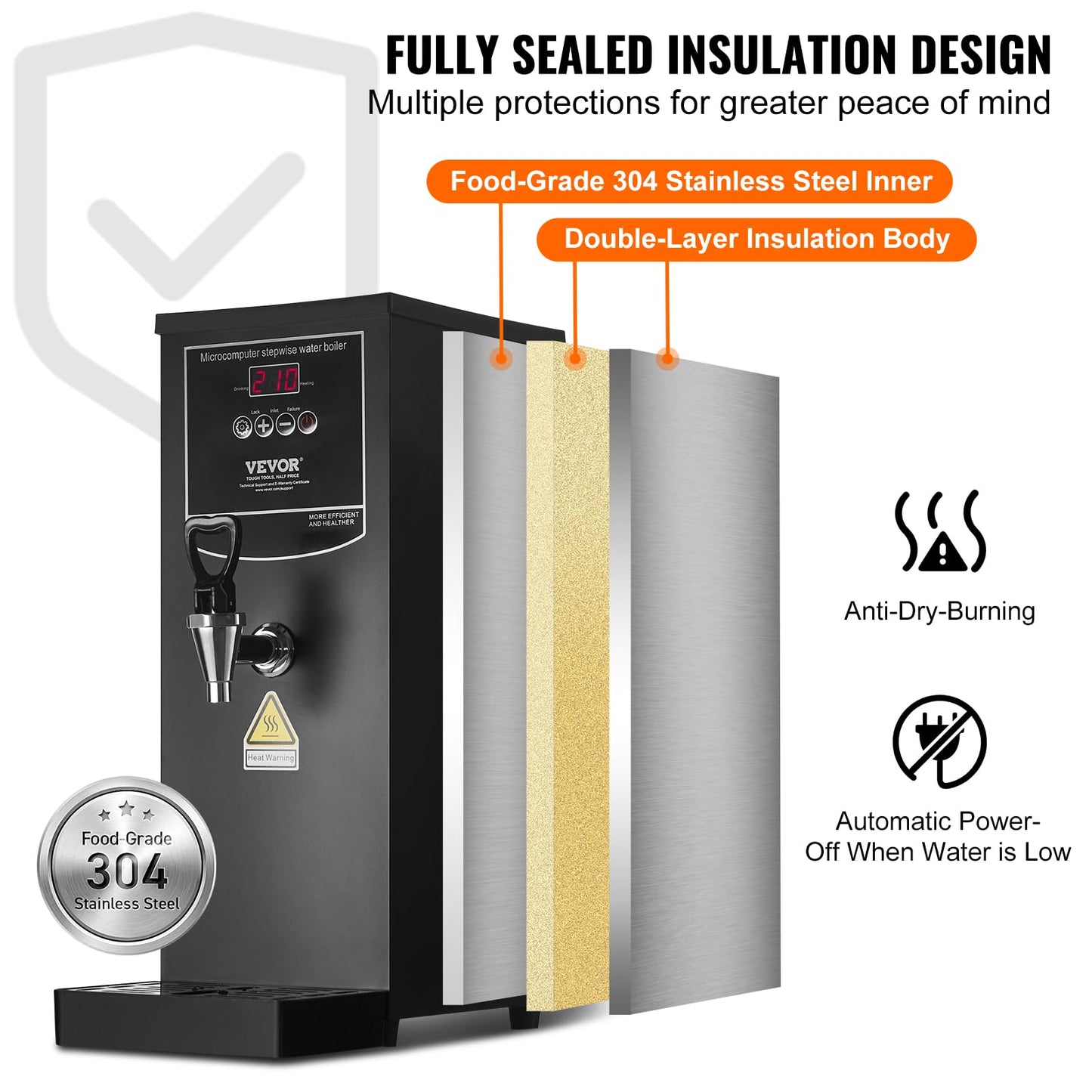 VEVOR Commercial Water Boiler, 10L Electric Hot Water Dispenser with 316 Stainless Steel Heating Tube, 1500W Step-by-step Fast Heating 50L/H Hot Water Boiler, for Coffee Tea Restaurant Office