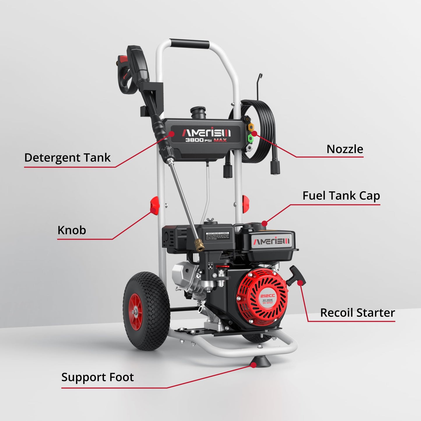 AMERISUN 3800 PSI Gas Pressure Washer 2.5 GPM with 212cc 4-Stroke OHV Engine, 5 Quick-Connect Nozzles & 10" Wheels, Heavy Duty Power Washer for Driveways, Cars, Patios, Decks & House Siding
