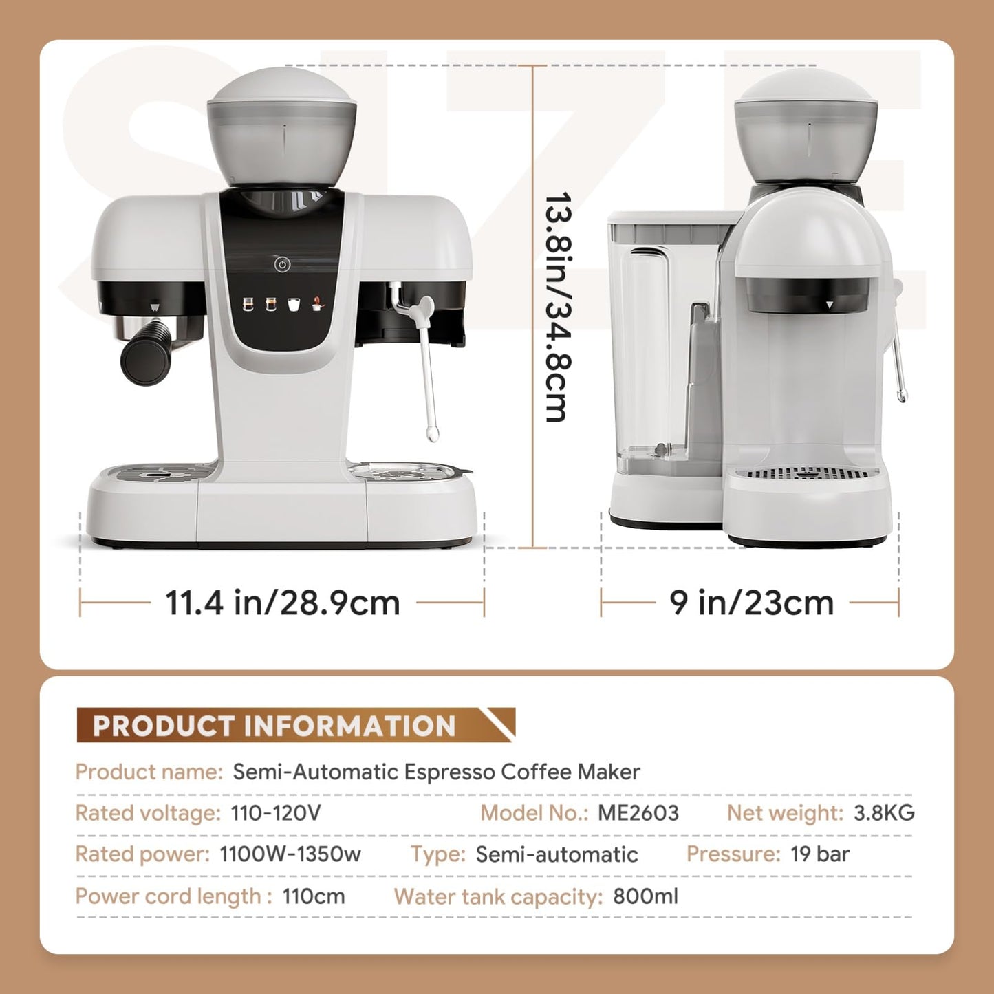 20 Bar Espresso Machine with Grinder & Steam Wand - Semi Automatic Coffee Maker, NTC Intelligent Temp Control, 58mm Stainless Steel Portafilter, One-Touch Panel for Home Barista (Removable Water Tank)