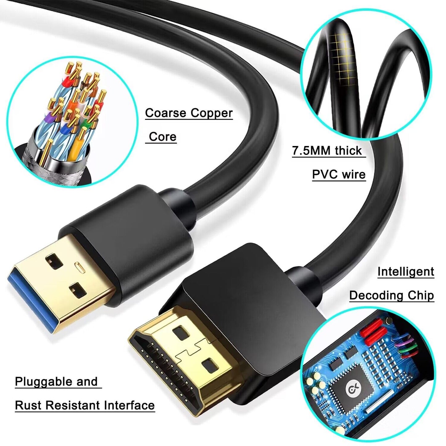 AKWOR 6.6FT 1080P USB to HDMI Adapter Cable, USB to HDMI Male to Male Cord, HD Monitor Display Audio Video Converter