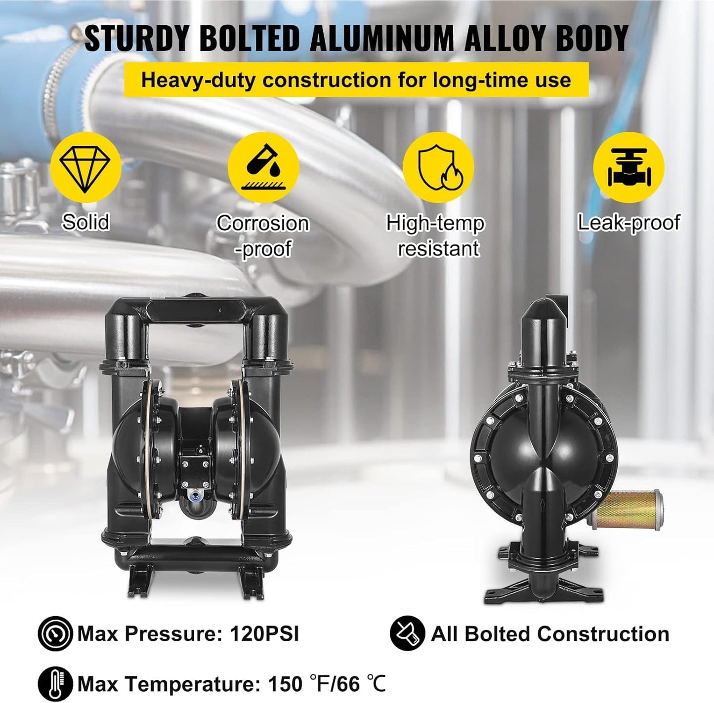 VEVOR Air-Operated Double Diaphragm Pump, 2 inch Inlet & Outlet, Aluminum Alloy Body, 75 GPM & Max 120PSI, Nitrile Diaphragm Transfer Pump for Petroleum, Diesel, Oil and Low Viscosity Fluids