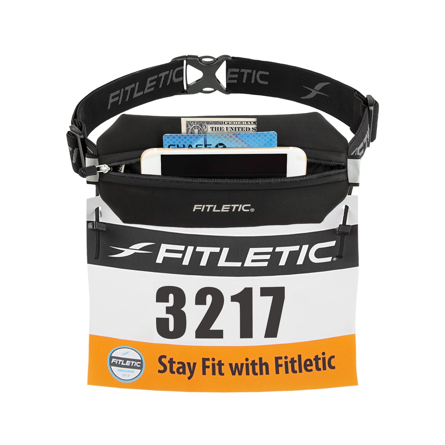 Fitletic Neo Race Belt, Black | Unique No Bounce Design for Marathon, Triathlon, Trail, 5k, 10k | Running Belt | N01R-01