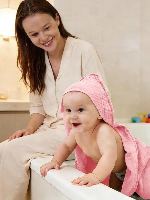 Muslin Hooded Baby Bath Towels - Ultra-Soft 100% Cotton | 3 Pack, 32x32 Inch, Quick-Dry, Pink Series