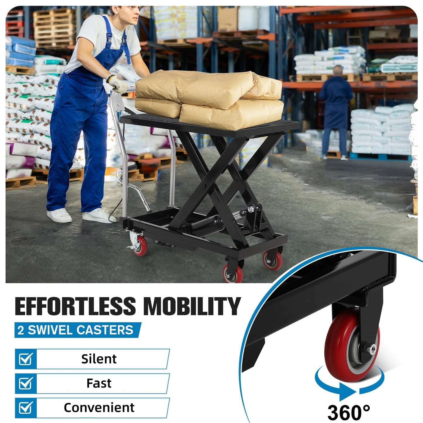 Hydraulic Lift Table Cart, 330lbs Capacity 28.5 in Lifting Height Hydraulic Table Cart, Single Scissor Lift with Non-Slip Pad for Material Handling and Transportation, Black