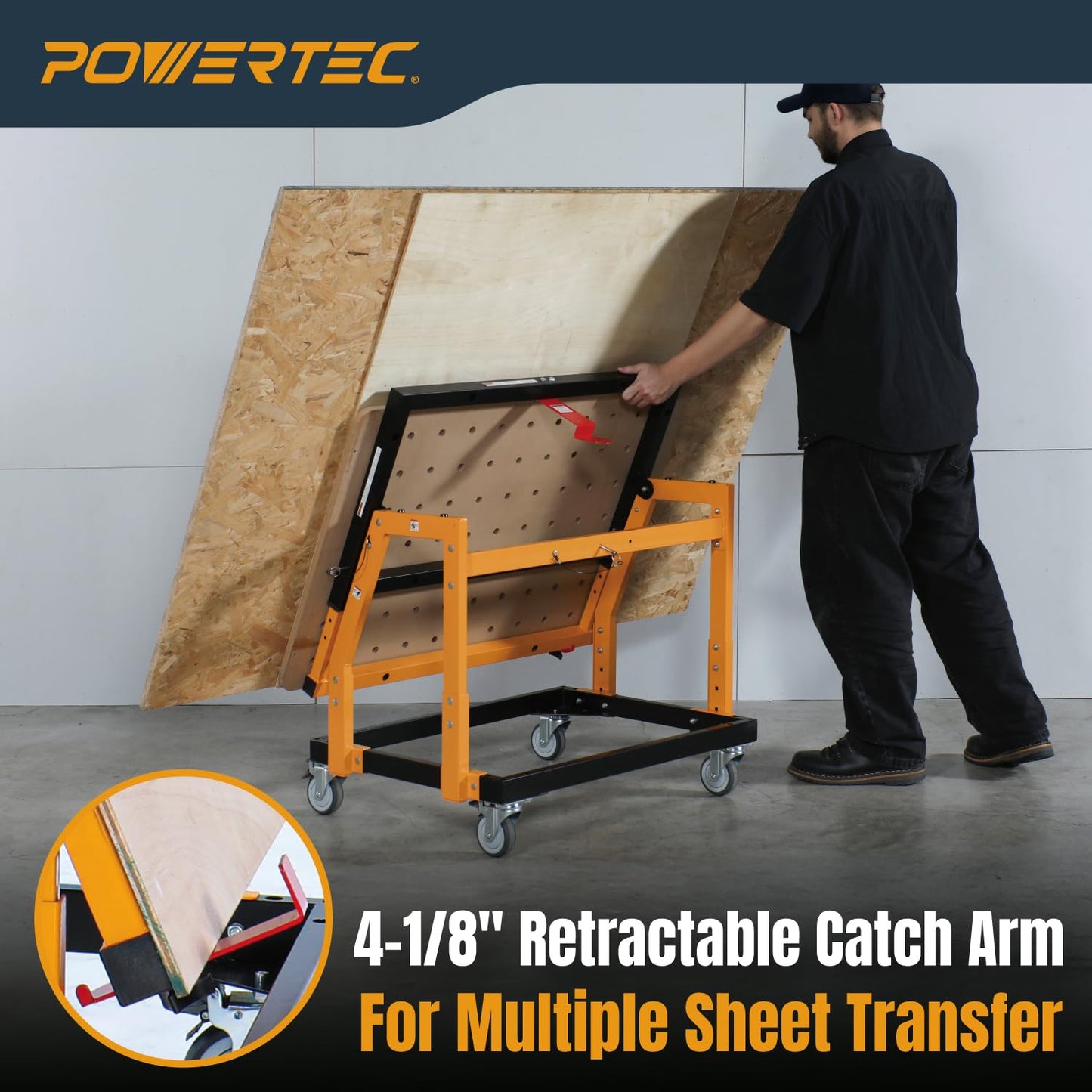 POWERTEC Panel Transfer Cart with Tilting Top - Multi-Purpose Mobile Shop Stand, 220lbs Capacity, 31-37" Adjustable Height, 4" TPR Wheels - 2 Casters with Brake 2 Without (UT1011)