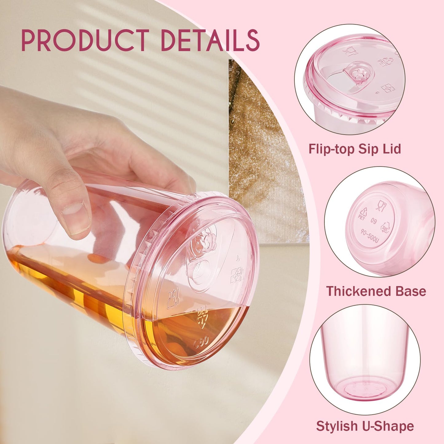 tchrules 100 Set 16oz Pink Plastic Cups with Sip Lids, Disposable Round Bottom Iced Coffee Cup with Lid Pink Clear To Go Drinking Cup Bulk for Cold Drinks Slushie Valentine Bachelorette Party Supplies