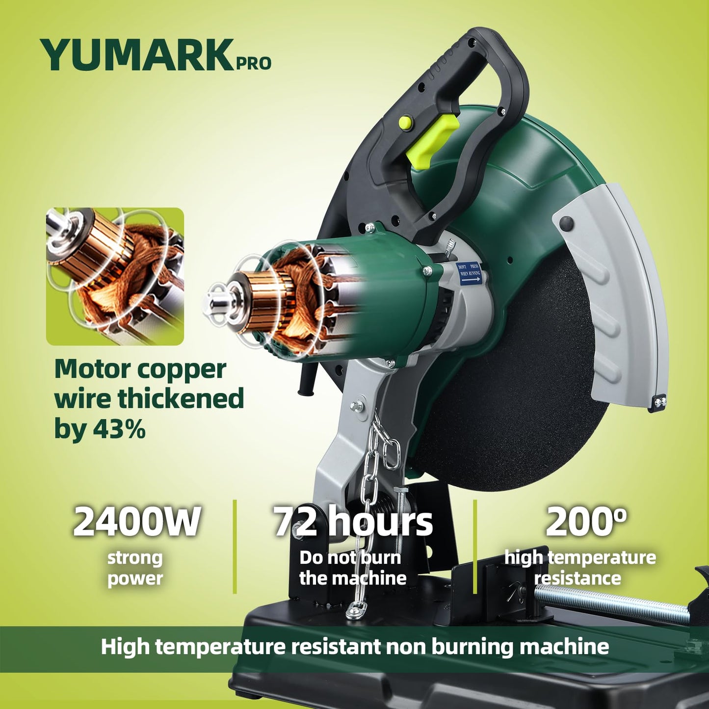 Yumark Abrasive Chop Saw, 2400W 3800RPM Steel Cutting Machine, 45° Adjustable Angle Metal Cutting Saw with 14in Blade for Cutting Rebar, Angle Steel, Hollow Pipe