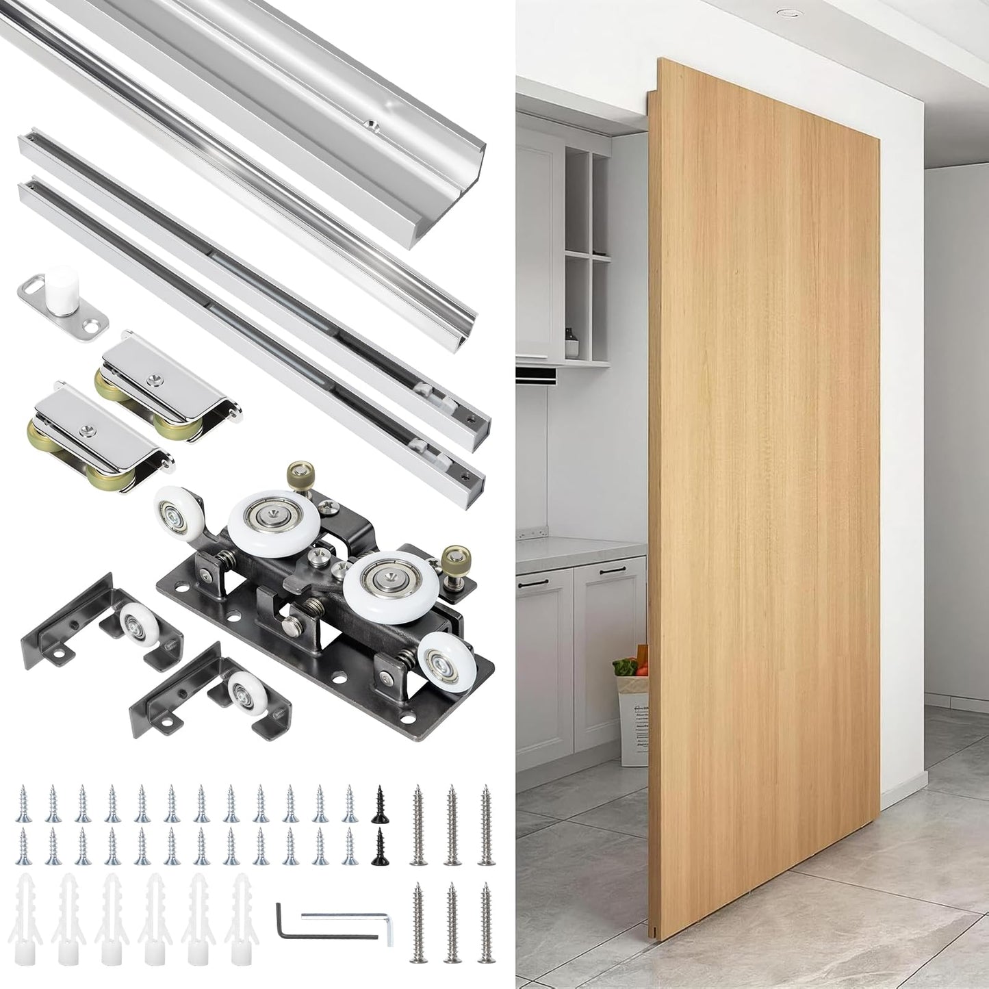 Hbl' 48 Inch Concealed Sliding Barn Door Hardware Kit with Soft Close, Trackless Sliding Door Hardware, Wall Mount Hidden Hardware, Supports Solid Doors up to 130LBS