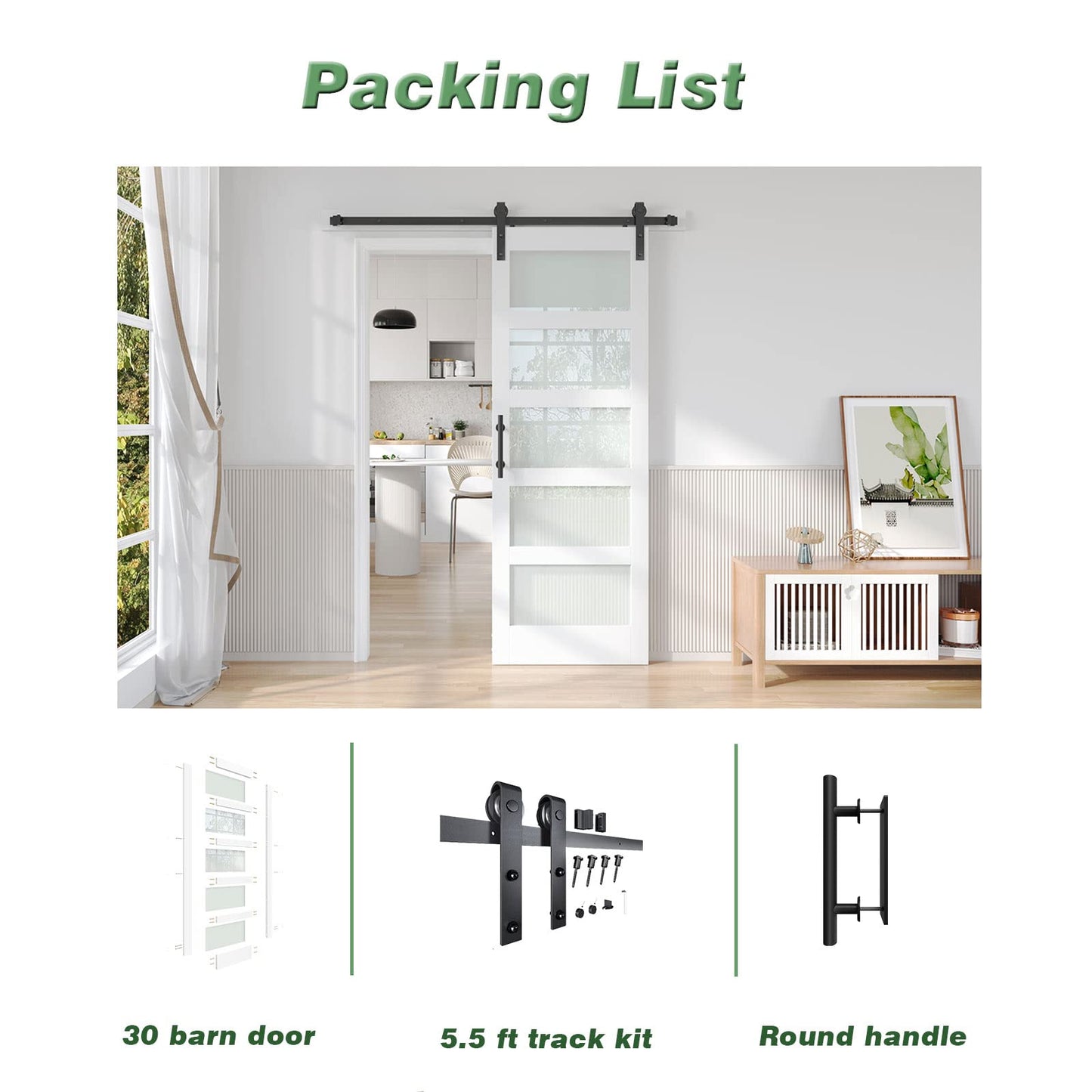 Fredbeck 30in x 84in White Glass Barn Door with 5.5FT 66inch Sliding Doors Hardware Kit Included & Handle,PVC Surface,Need to Assembly,Water-Proof