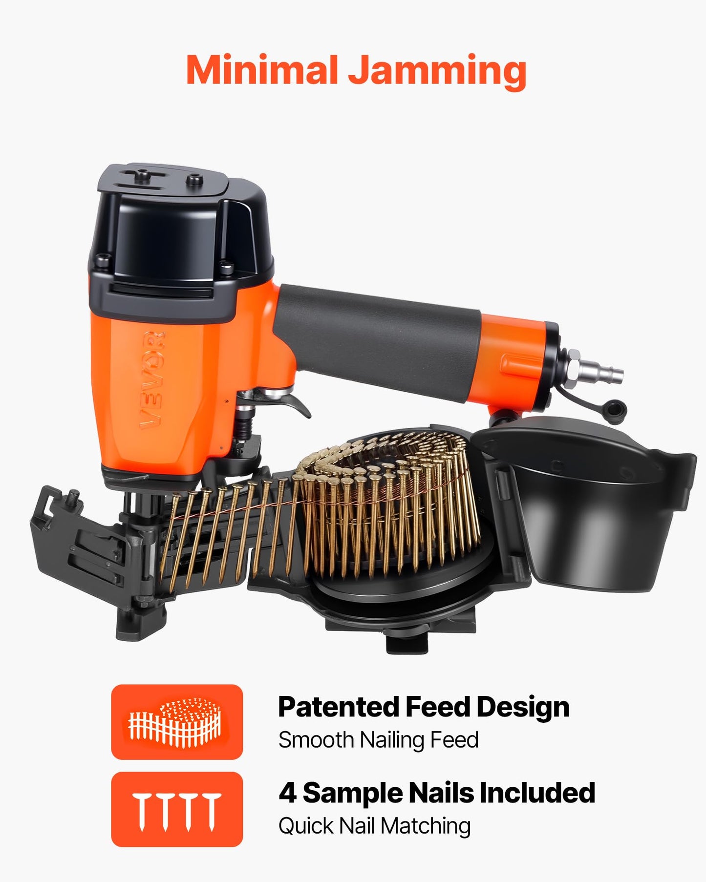 VEVOR Professional Roofing Nailer CN45N, 3/4" to 1-3/4" 15 Degree Air Roofing Nail Gun, 4–5 Nails/S Ultra-Fast Nailing, 70-110 PSI Pneumatic Coil Nailer for Asphalt Shingles, Roof Sheathing