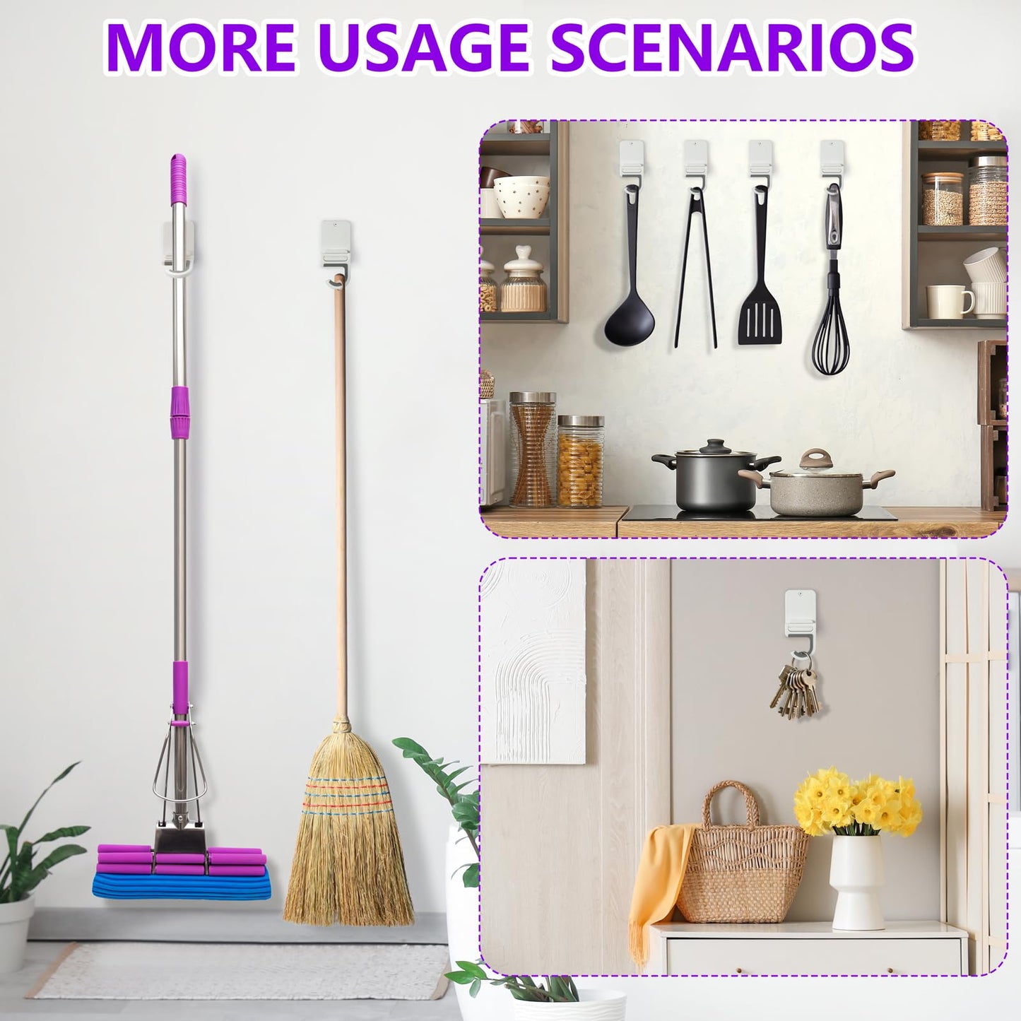 YUWANTING Broom and Mop Holder Wall Mount, Heavy Duty Screw Drilling Gripper Rack Supports up to 10 lb for Kitchen, Laundry Room, Garage, and Garden Storag (4, White)